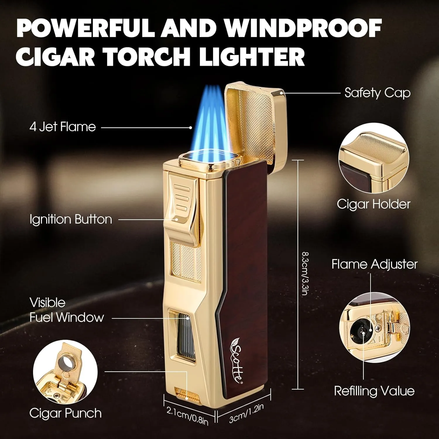 Scotte Cigar Humidor Box, Cigar Lighter Cedar Wood Lined Leather Cigar Case Built in Hygrometer & Humidifier, Torch Lighter with Cigar Holder Cigar Punch Portable Travel Cigar Humidor Kit (Brown)