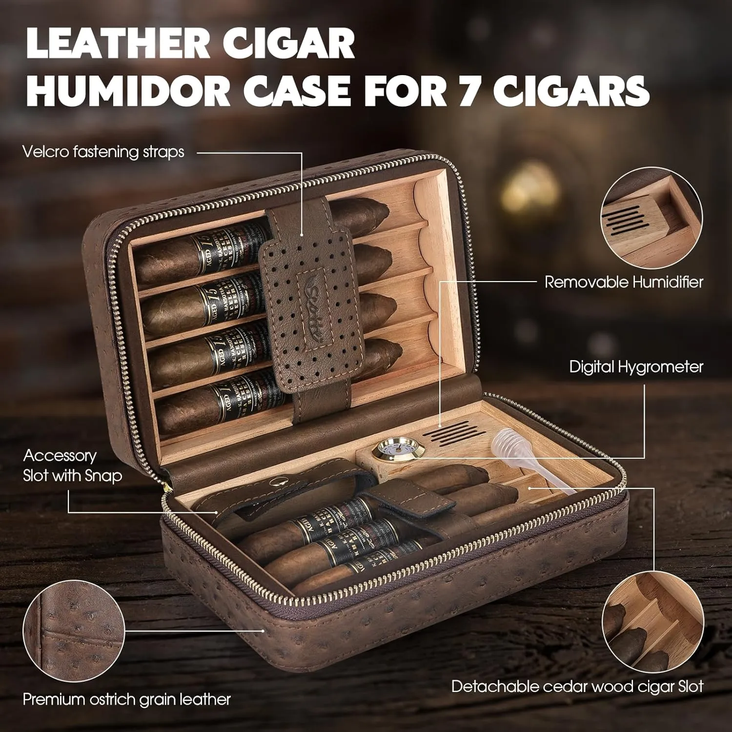 Scotte Cigar Humidor Box, Cigar Lighter Cedar Wood Lined Leather Cigar Case Built in Hygrometer & Humidifier, Torch Lighter with Cigar Holder Cigar Punch Portable Travel Cigar Humidor Kit (Brown)