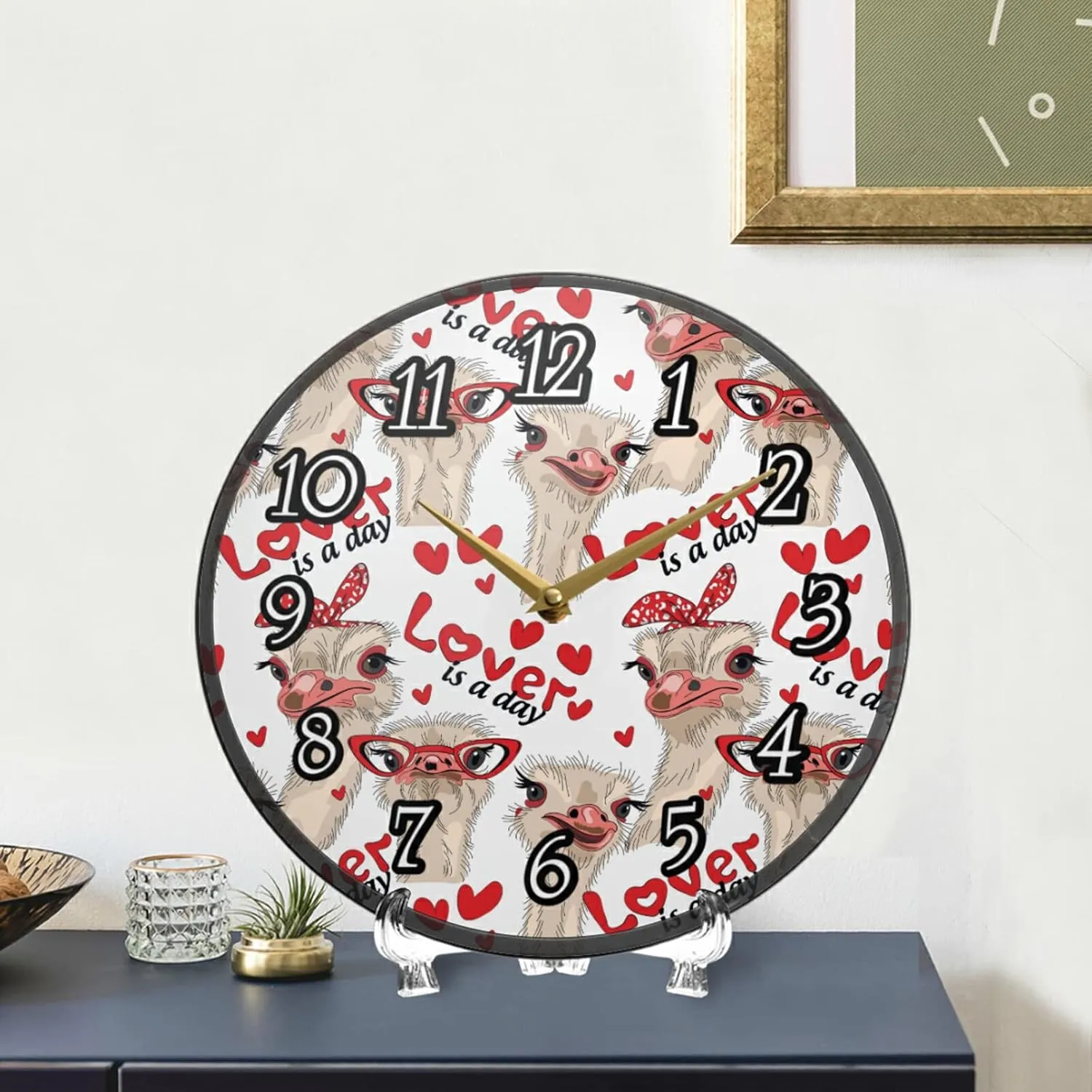 Seamless Ostriches with Red Glasses Hairpins Lover is a Day Letterings Wall Clock, Silent Non-Ticking Easy to Read Round Decorative Acrylic Wall Clock Art, for Living Room Home Office School 12 Inch