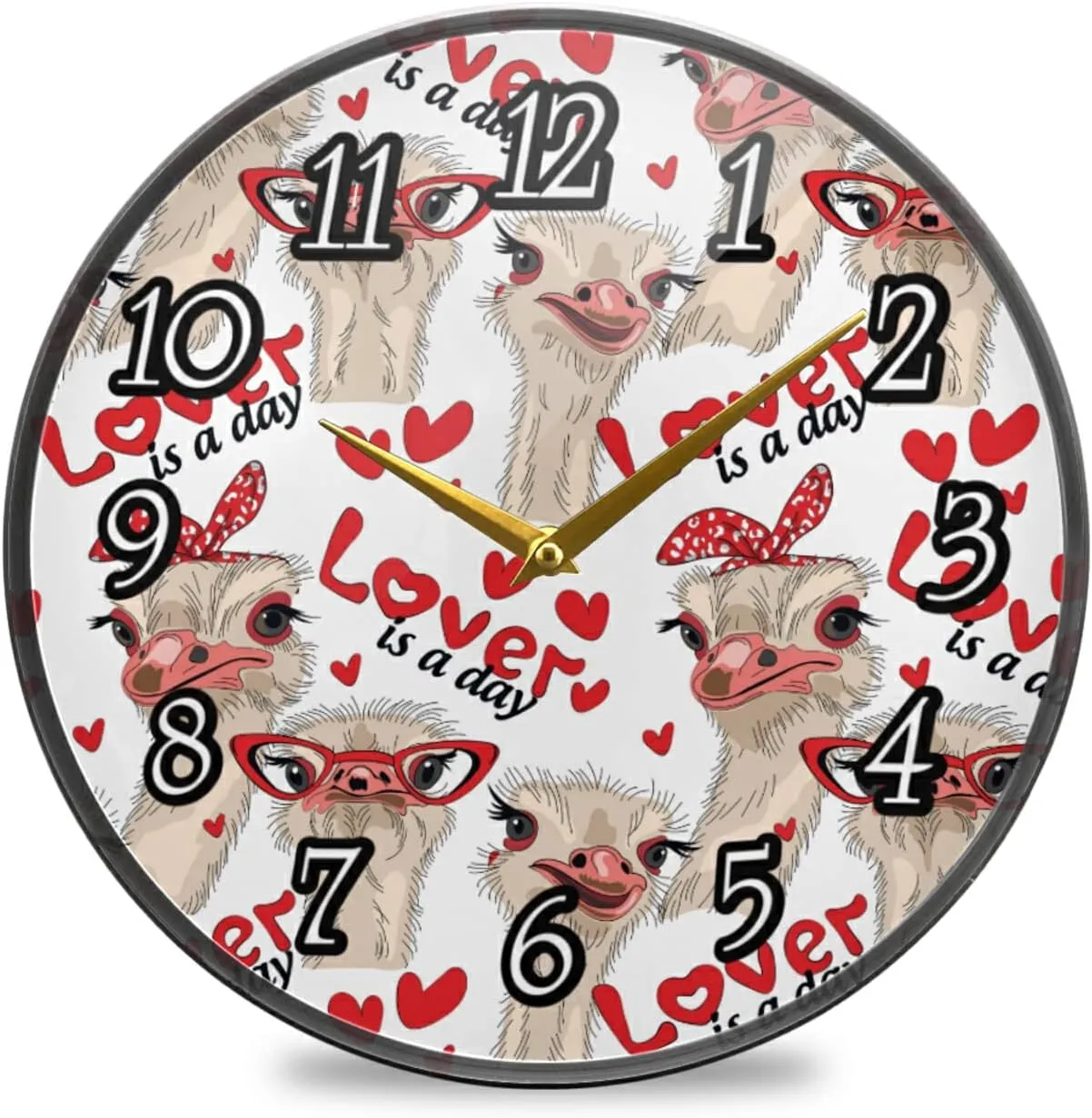 Seamless Ostriches with Red Glasses Hairpins Lover is a Day Letterings Wall Clock, Silent Non-Ticking Easy to Read Round Decorative Acrylic Wall Clock Art, for Living Room Home Office School 12 Inch