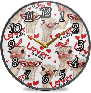 Seamless Ostriches with Red Glasses Hairpins Lover is a Day Letterings Wall Clock, Silent Non-Ticking Easy to Read Round Decorative Acrylic Wall Clock Art, for Living Room Home Office School 12 Inch