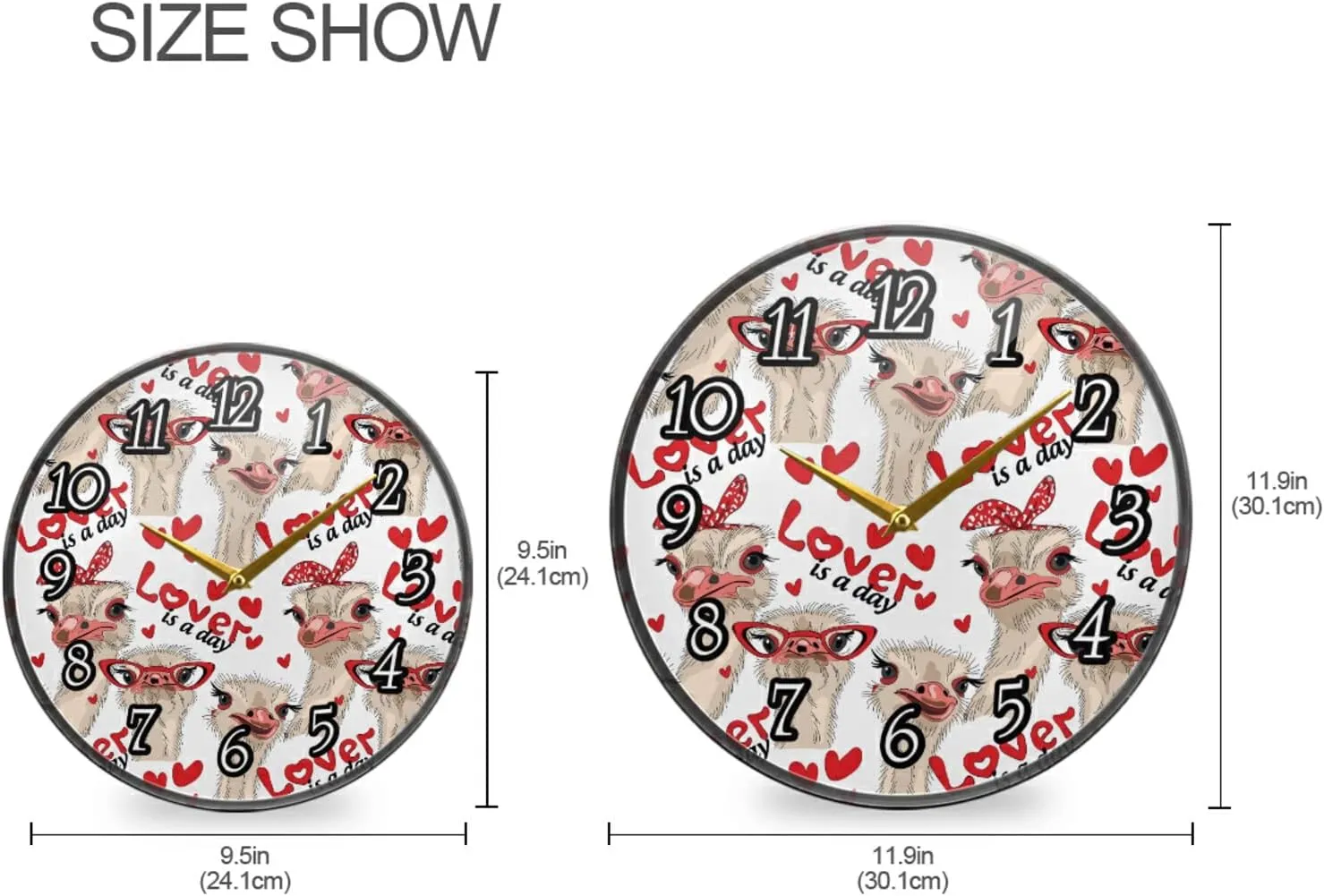 Seamless Ostriches with Red Glasses Hairpins Lover is a Day Letterings Wall Clock, Silent Non-Ticking Easy to Read Round Decorative Acrylic Wall Clock Art, for Living Room Home Office School 12 Inch