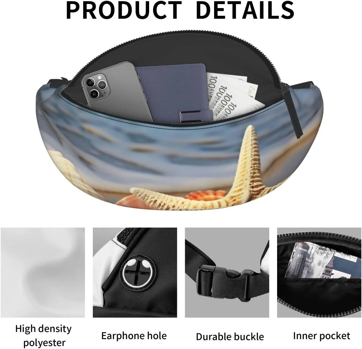 Seashells on the sandy beach Fanny Pack for Man Women Waist Bag Adjustable Belt Casual Chest Bag Bum Bags for Travel Sports Running Hiking Waist Packs