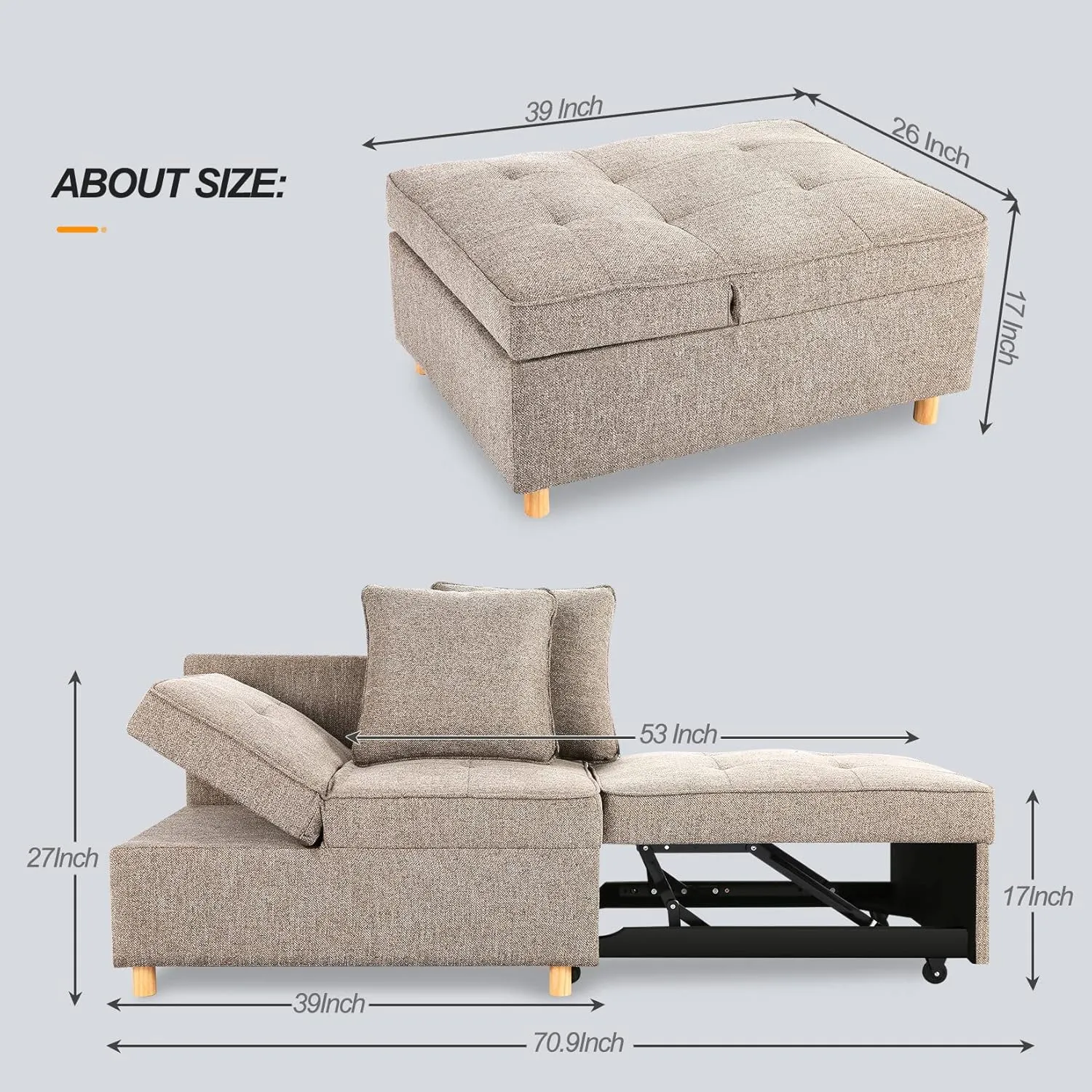 SEJOV Sofa Bed Chair 4-in-1 Convertible Chair Bed, 3-Seat Linen Fabric loveseat Sofa with 2 Throw Pillow, Single Recliner for Small Space with 5 Adjustable Backrest, Brown Grey