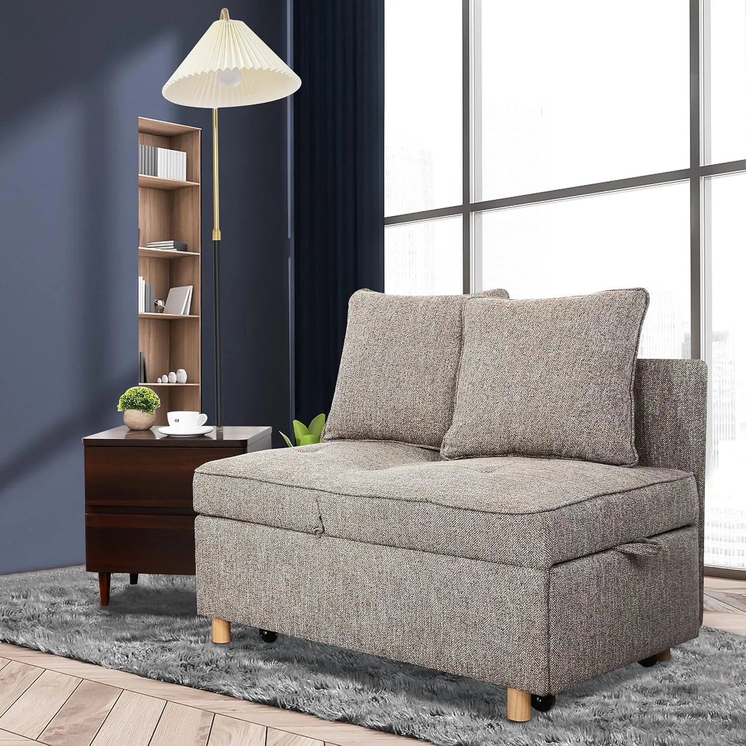 SEJOV Sofa Bed Chair 4-in-1 Convertible Chair Bed, 3-Seat Linen Fabric loveseat Sofa with 2 Throw Pillow, Single Recliner for Small Space with 5 Adjustable Backrest, Brown Grey