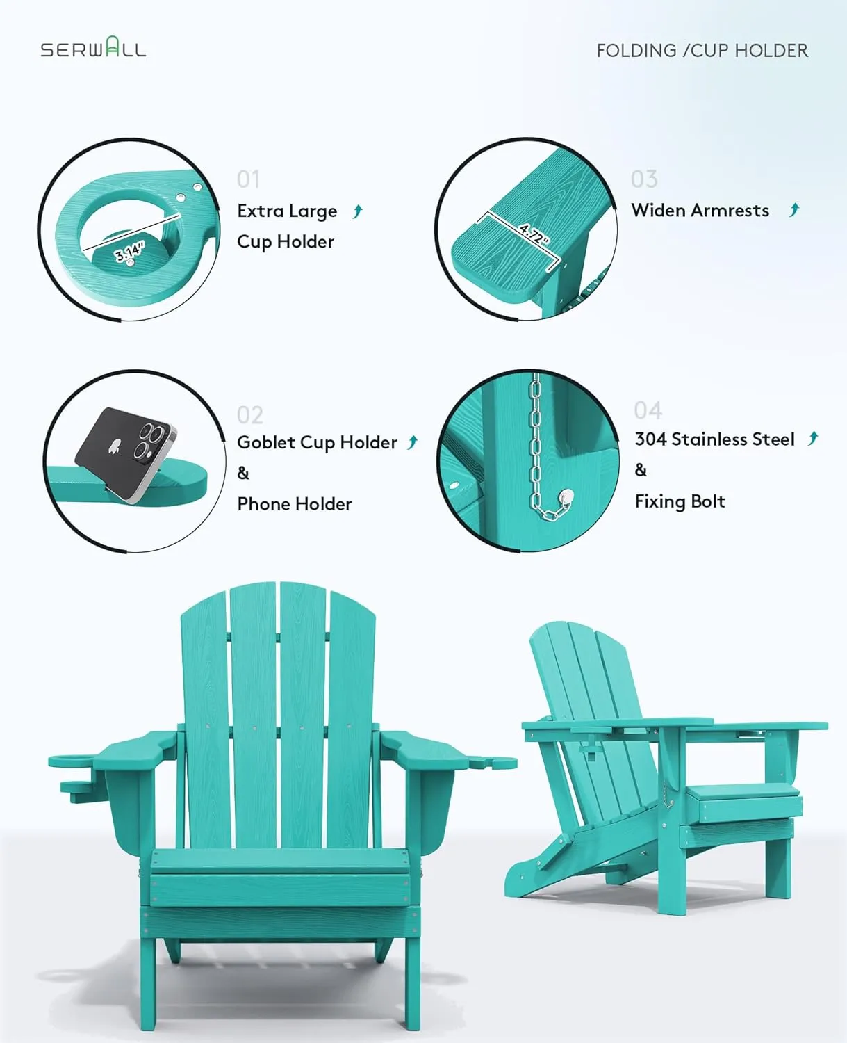 SERWALL Adirondack Chair with Cup Holders - Composite Adirondack Chairs HDPE Outdoor Chairs All Weather Use- Aruba