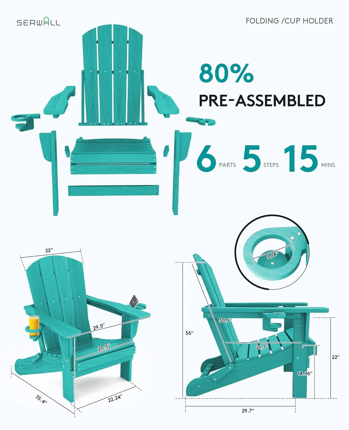 SERWALL Adirondack Chair with Cup Holders - Composite Adirondack Chairs HDPE Outdoor Chairs All Weather Use- Aruba