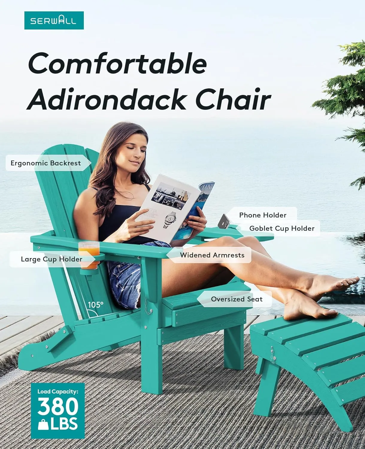 SERWALL Adirondack Chair with Cup Holders - Composite Adirondack Chairs HDPE Outdoor Chairs All Weather Use- Aruba