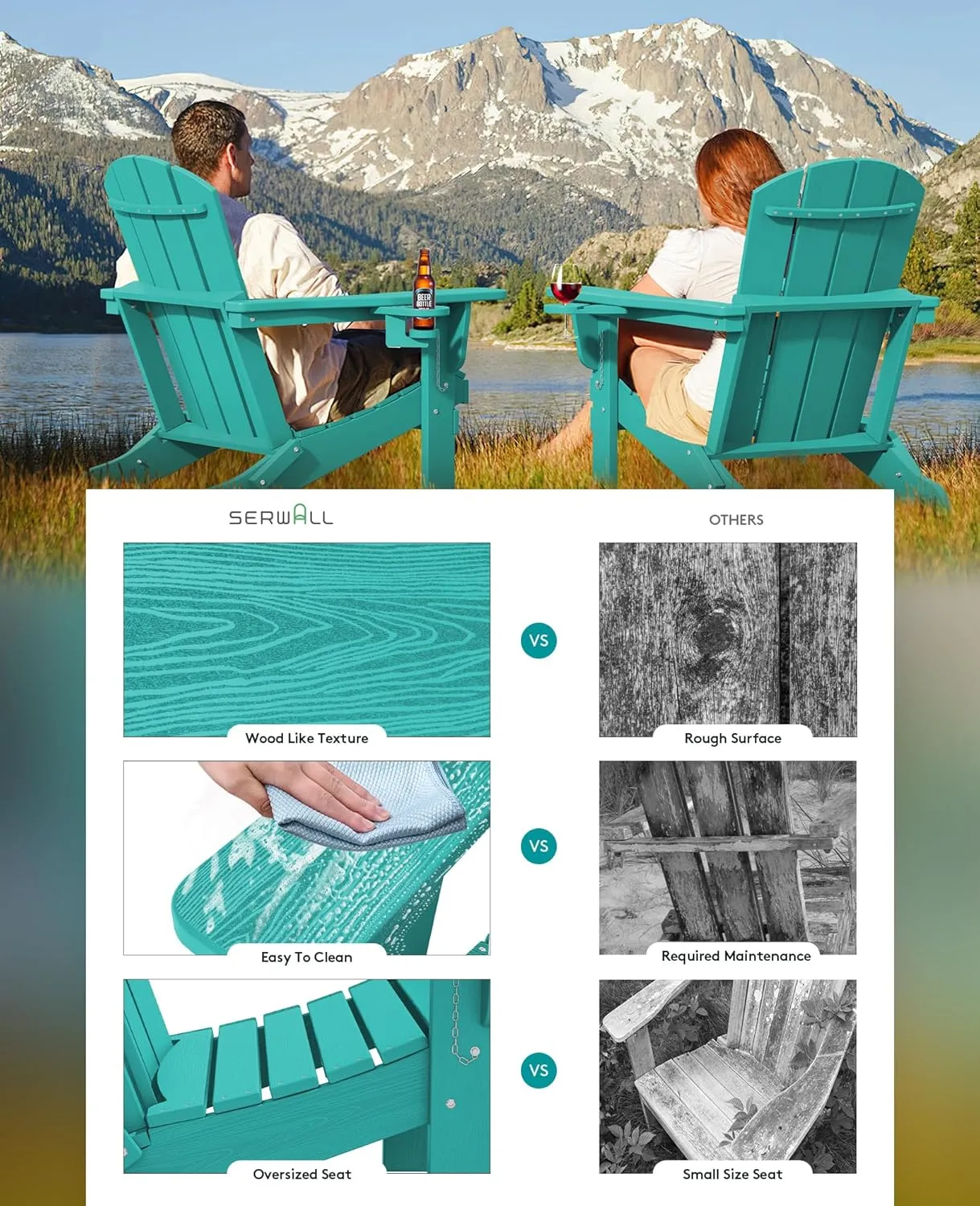 SERWALL Adirondack Chair with Cup Holders - Composite Adirondack Chairs HDPE Outdoor Chairs All Weather Use- Aruba