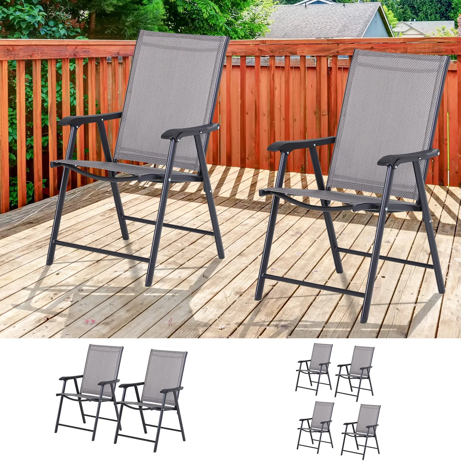 Set of 2 Stackable Outdoor Folding Chairs with Armrests, Metal Frame, Gray