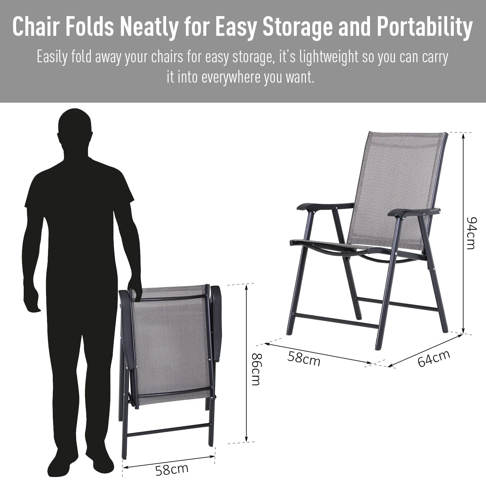 Set of 2 Stackable Outdoor Folding Chairs with Armrests, Metal Frame, Gray