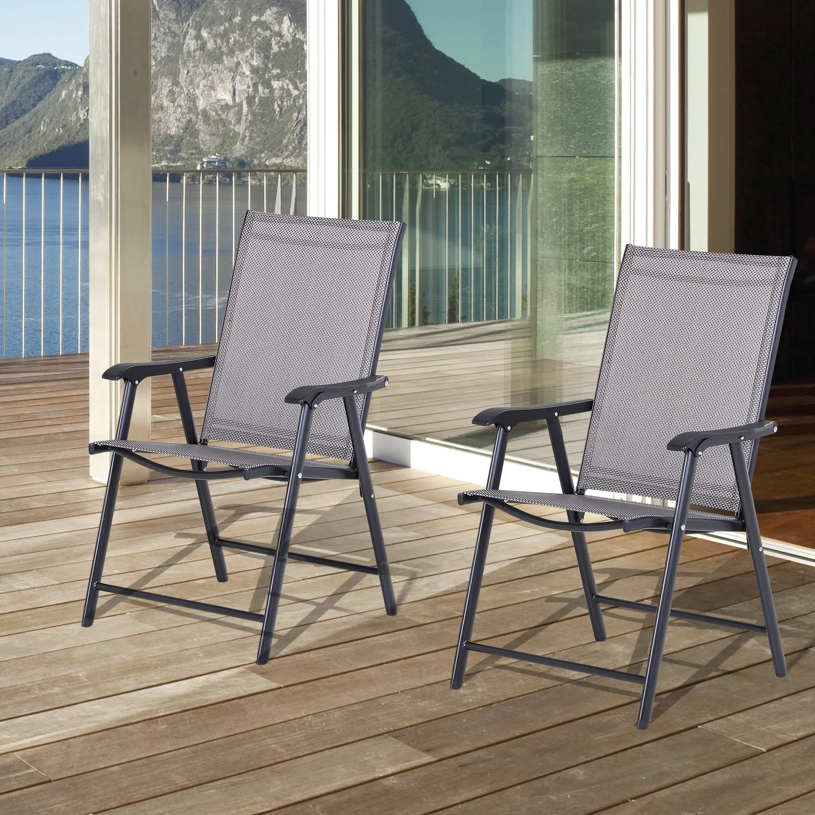 Set of 2 Stackable Outdoor Folding Chairs with Armrests, Metal Frame, Gray