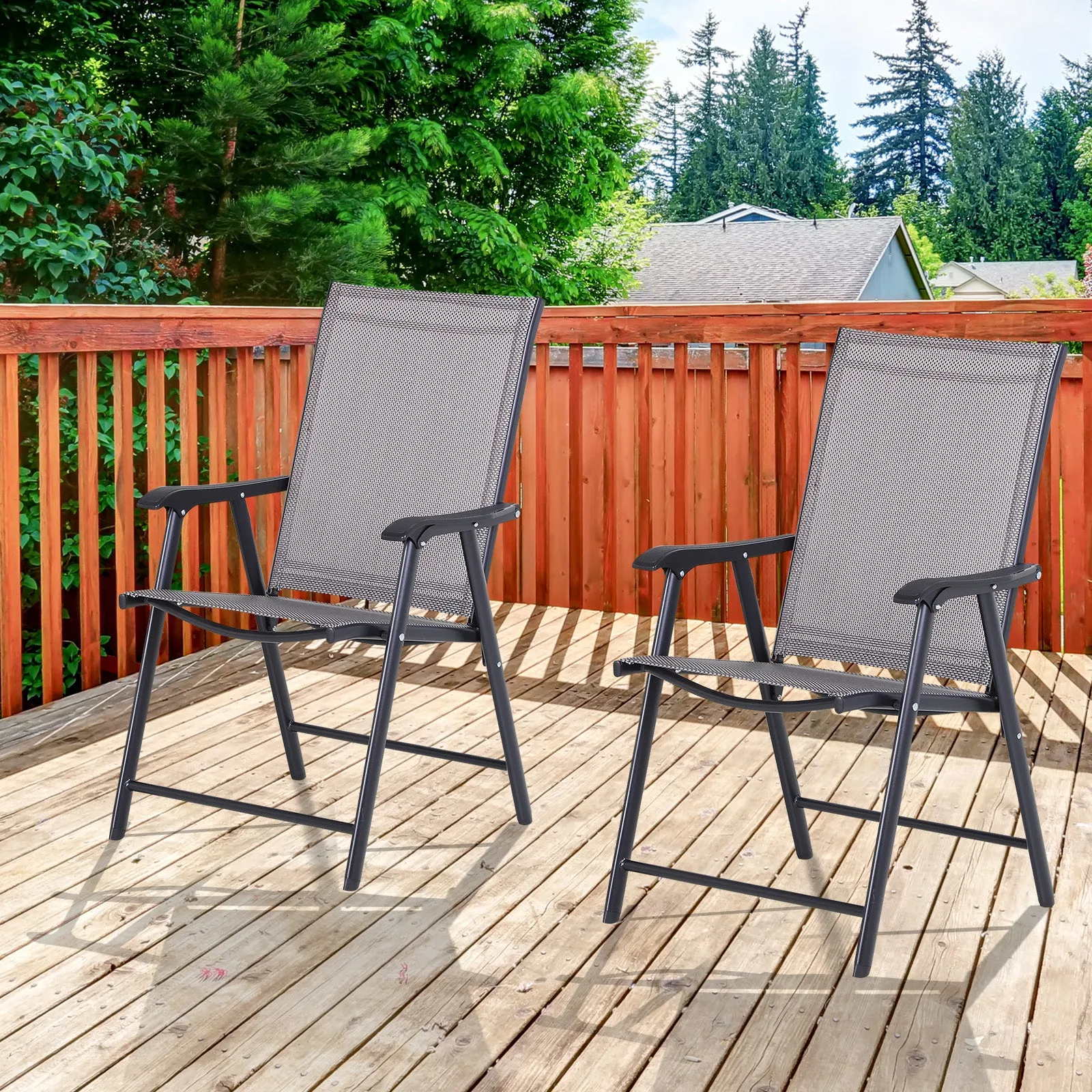 Set of 2 Stackable Outdoor Folding Chairs with Armrests, Metal Frame, Gray