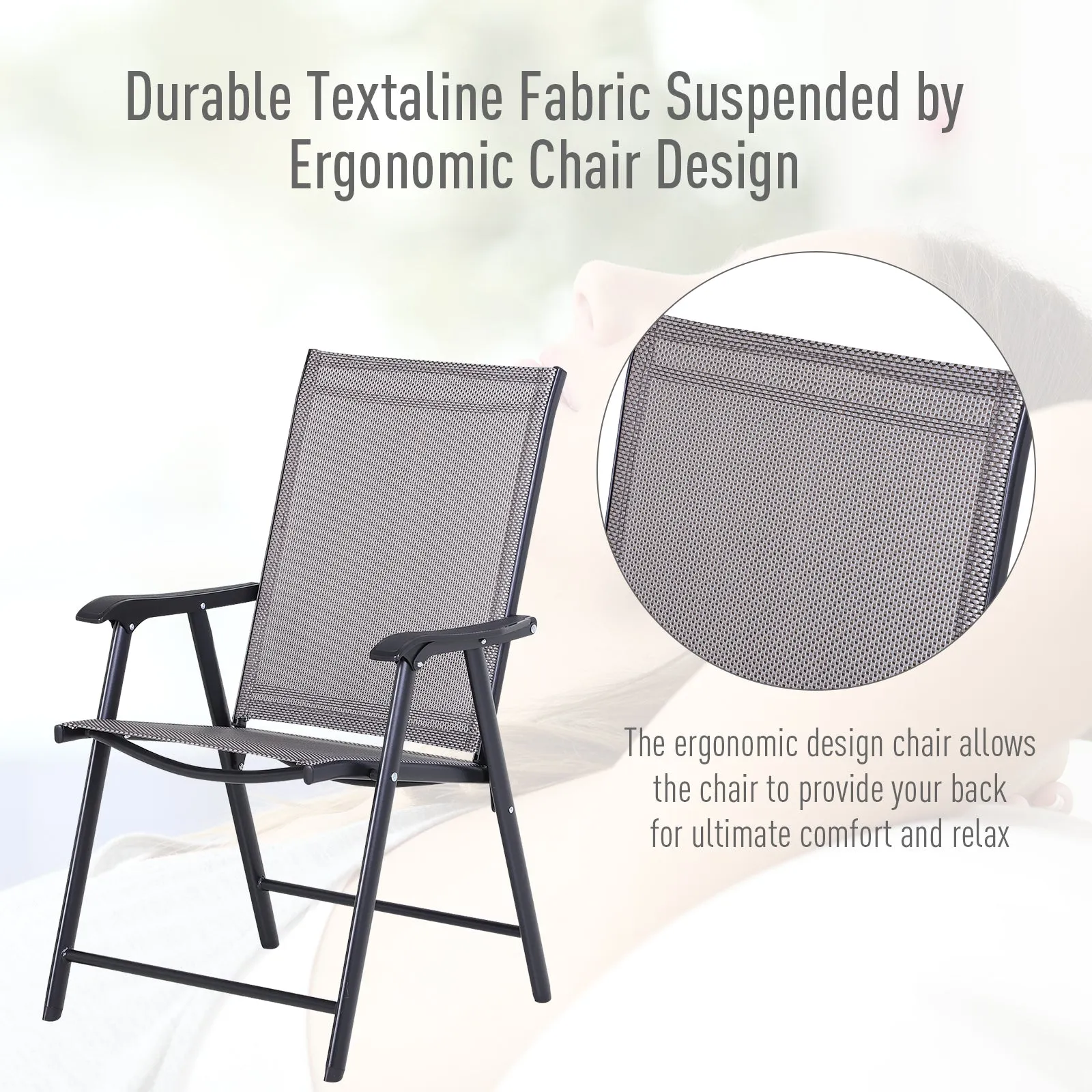 Set of 2 Stackable Outdoor Folding Chairs with Armrests, Metal Frame, Gray