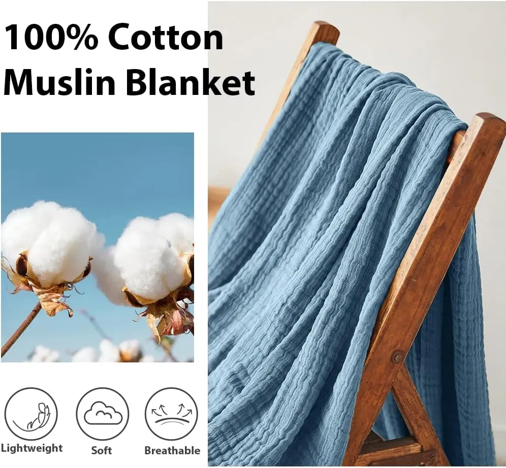 Simple&Opulence Cotton Muslin Throw Blanket for Bed, Couch, Knit Woven Gauze Blanket with Tassels, Soft Lightweight Cozy Pre-Washed Breathable Farmhouse Decoration for All-Season (Dusty Blue)
