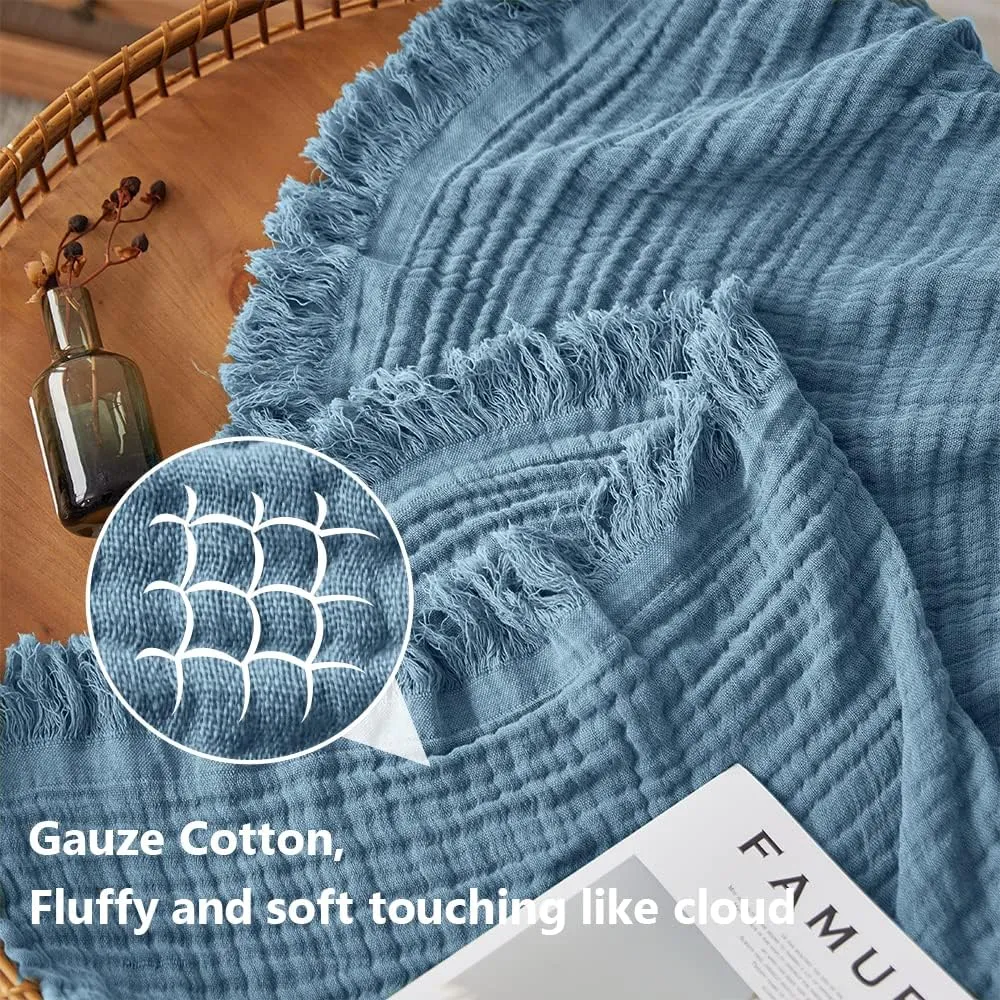 Simple&Opulence Cotton Muslin Throw Blanket for Bed, Couch, Knit Woven Gauze Blanket with Tassels, Soft Lightweight Cozy Pre-Washed Breathable Farmhouse Decoration for All-Season (Dusty Blue)
