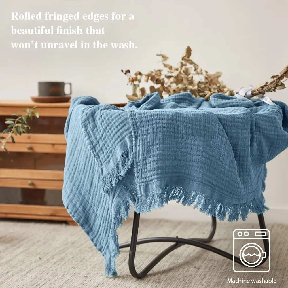 Simple&Opulence Cotton Muslin Throw Blanket for Bed, Couch, Knit Woven Gauze Blanket with Tassels, Soft Lightweight Cozy Pre-Washed Breathable Farmhouse Decoration for All-Season (Dusty Blue)