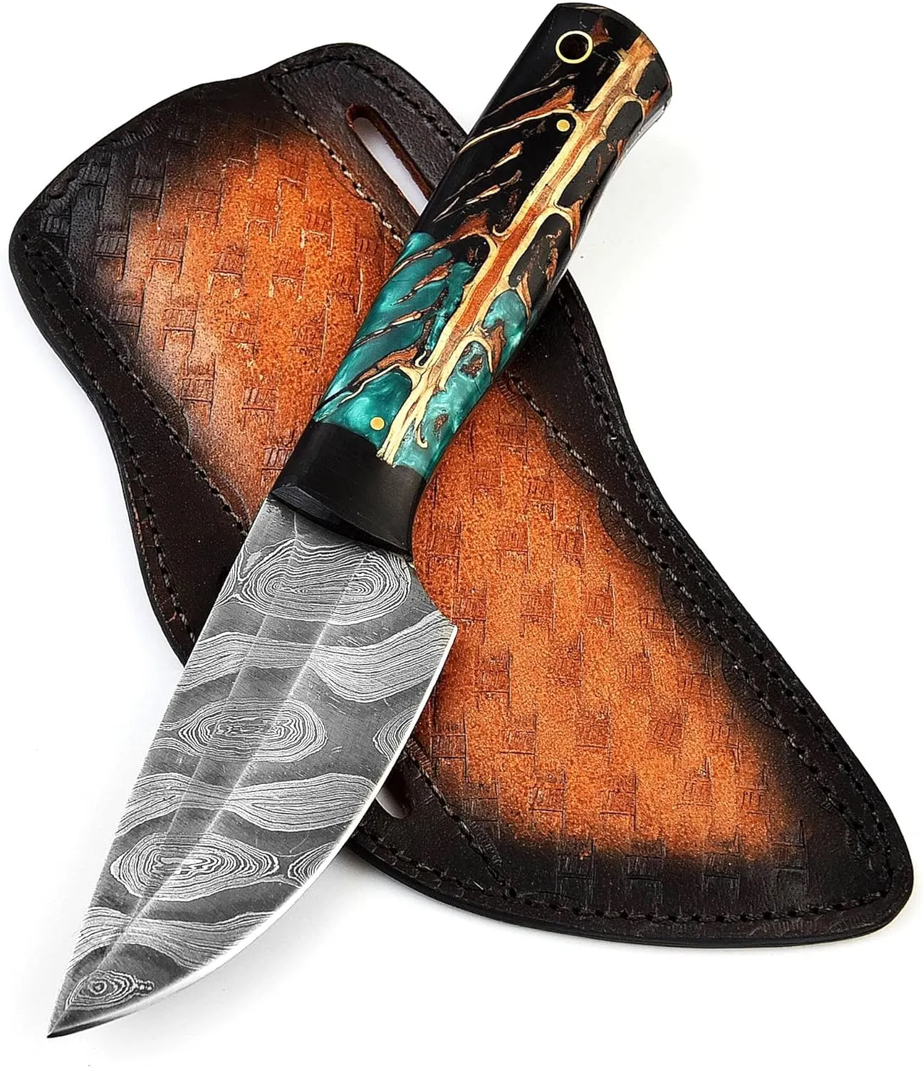 Skinner Damascus Steel 8'in Full Tang Skinner Micarta Handle' Razor Sharp Blade / Survival Pocket Knife for Man - Battle Ready Camping Knife Fix Blade Sports Outdoors 'Leather Sheath (AP-8)