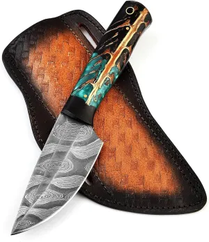 Skinner Damascus Steel 8'in Full Tang Skinner Micarta Handle' Razor Sharp Blade / Survival Pocket Knife for Man - Battle Ready Camping Knife Fix Blade Sports Outdoors 'Leather Sheath (AP-8)