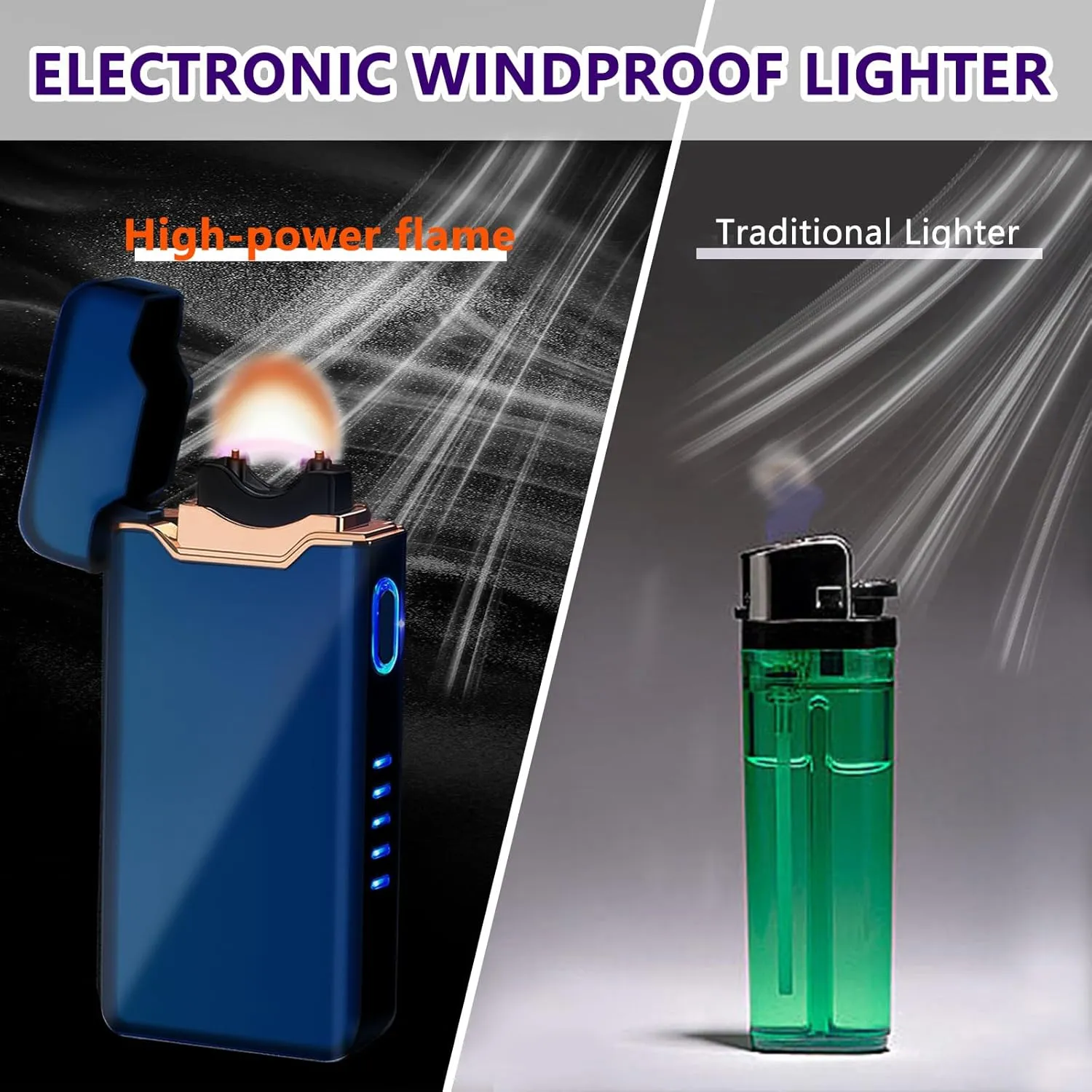 SKRFIRE Electric Lighter Windproof, Flame Electric Lighter Plasma-Flame Arc Lighter Rechargeable USB Lighter Flame Lighter with Battery Indicator (Glossy Blue)