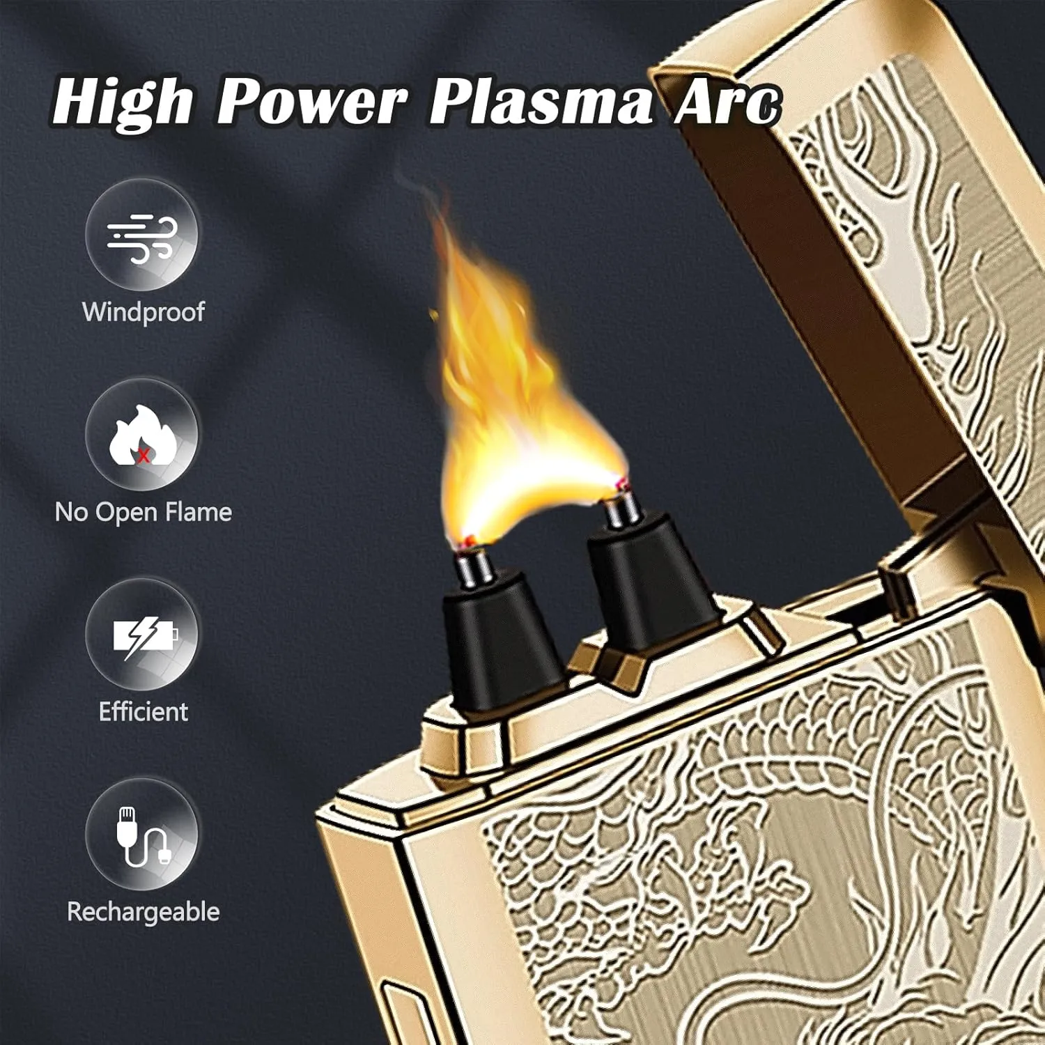 SKRFIRE Electric USB Type-C Rechargeable Plasma Arc Lighter, Windproof Torch Lighters High Power Flame Candle Lighter with LED Battery Indication for Camping, Hiking, Traveling(Gold Dragon)