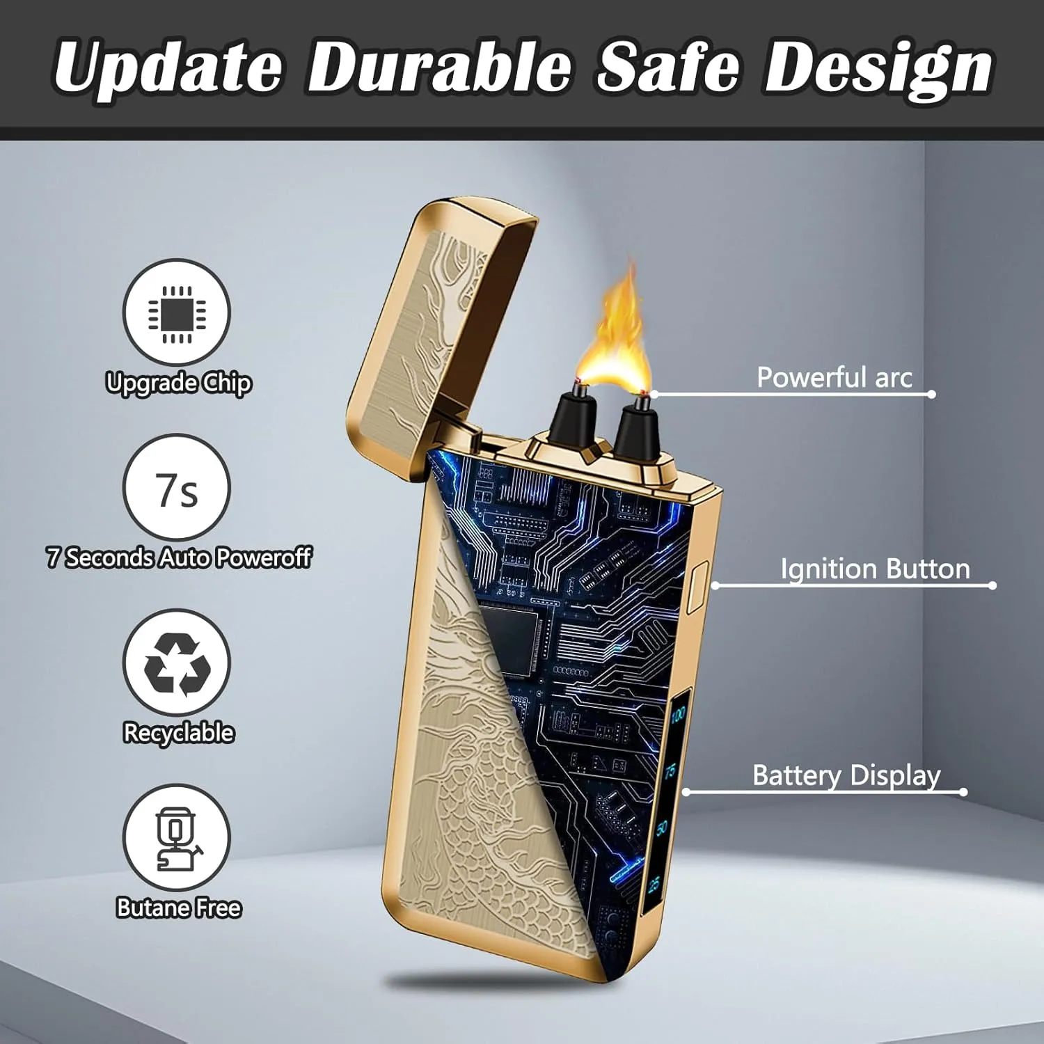 SKRFIRE Electric USB Type-C Rechargeable Plasma Arc Lighter, Windproof Torch Lighters High Power Flame Candle Lighter with LED Battery Indication for Camping, Hiking, Traveling(Gold Dragon)
