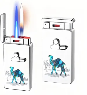 Smart Butane Torch Lighter, 5 Ignition Methods, Voice Controlled Dual Flame Lighter with Jet Blue Flame and Open Flame Options, Windproof Refillable Lighters (Without Gas) (Camel)