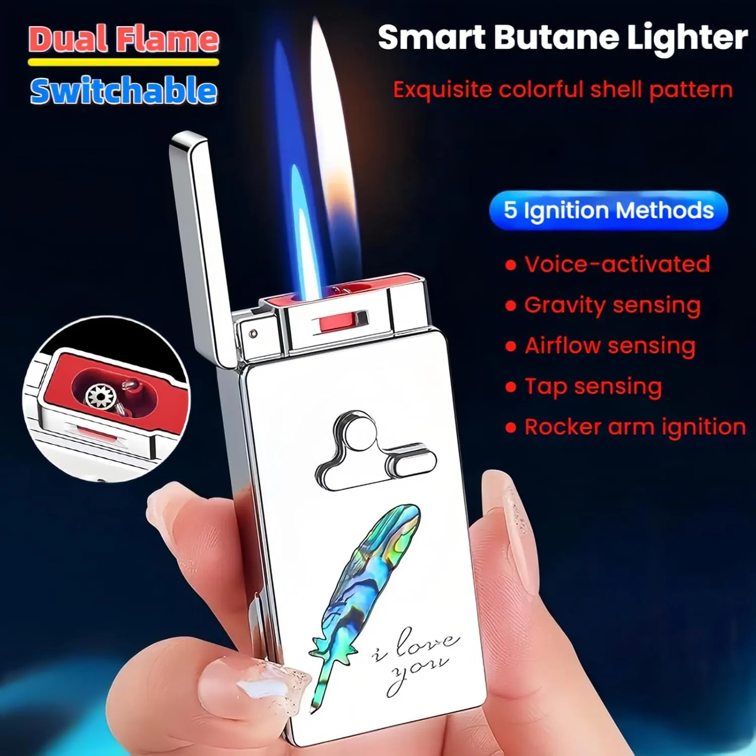 Smart Butane Torch Lighter, 5 Ignition Methods, Voice Controlled Dual Flame Lighter with Jet Blue Flame and Open Flame Options, Windproof Refillable Lighters (Without Gas) (Camel)