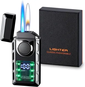 Smart Display Dual Flame Torch Lighter, Transparent Core Electric Lighter with LED Display, Butane Refillable & Type-C Charging, Windproof Jet Flame & Soft Flame Lighter (Without Butane)-Black Ice