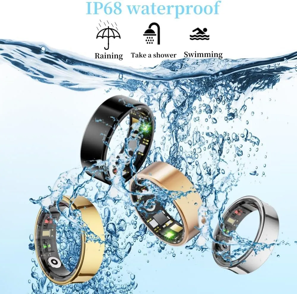 Smart Health Ring for Women Men Fitness Tracker with Heart Rate, Blood Oxygen, Blood Pressure, Sleep Monitoring, Step Counting, IP68 Waterproof for iPhone and Android, No Fee (Gold, 8)