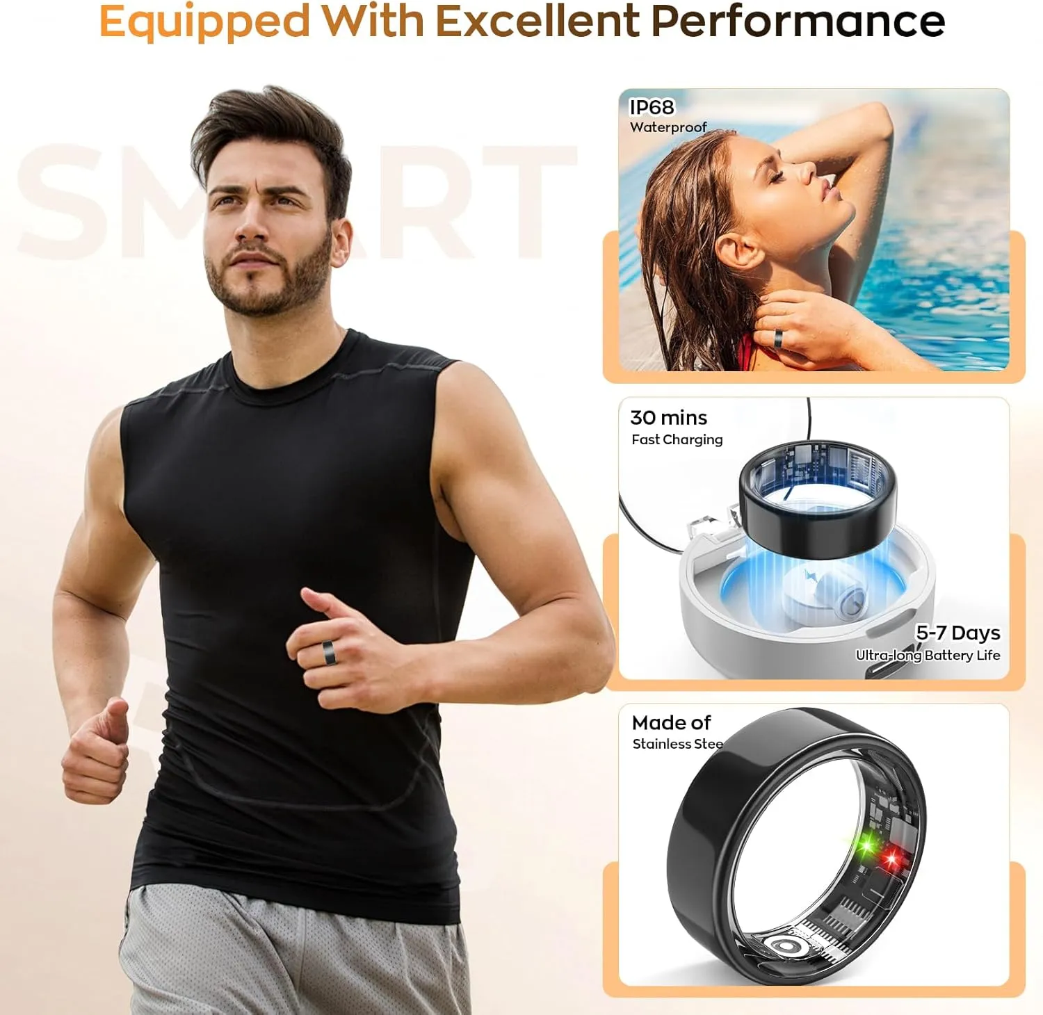 Smart Ring with Sleep Monitoring, Step Counting, Heart Rate, Blood Pressure for iPhone and Android, No Subscription Fee, IP68 Waterproof Health Tracker (Black, 7)