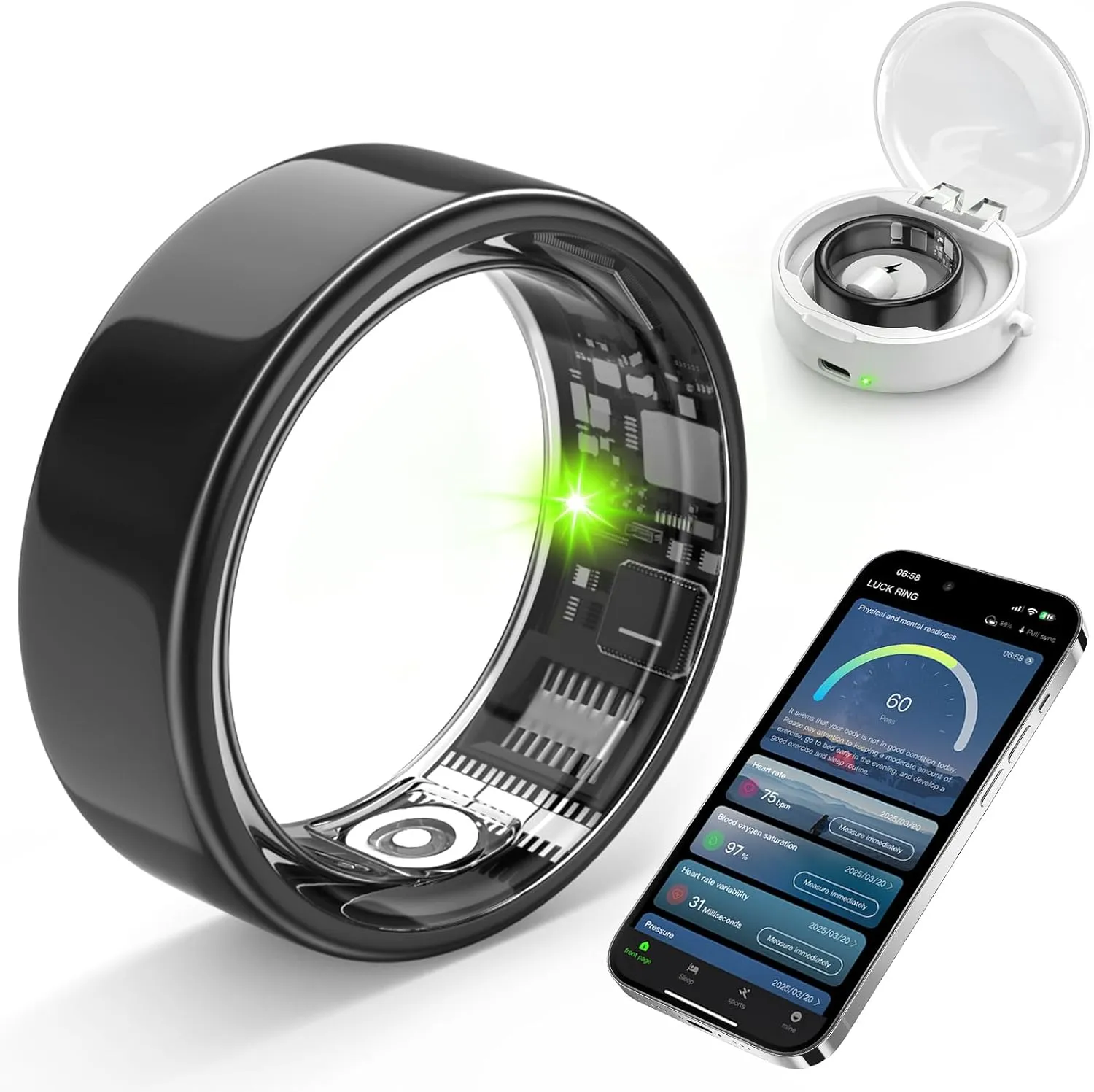 Smart Ring with Sleep Monitoring, Step Counting, Heart Rate, Blood Pressure for iPhone and Android, No Subscription Fee, IP68 Waterproof Health Tracker (Black, 7)
