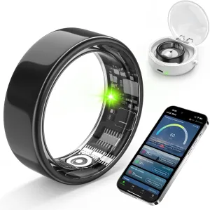 Smart Ring with Sleep Monitoring, Step Counting, Heart Rate, Blood Pressure for iPhone and Android, No Subscription Fee, IP68 Waterproof Health Tracker (Black, 7)