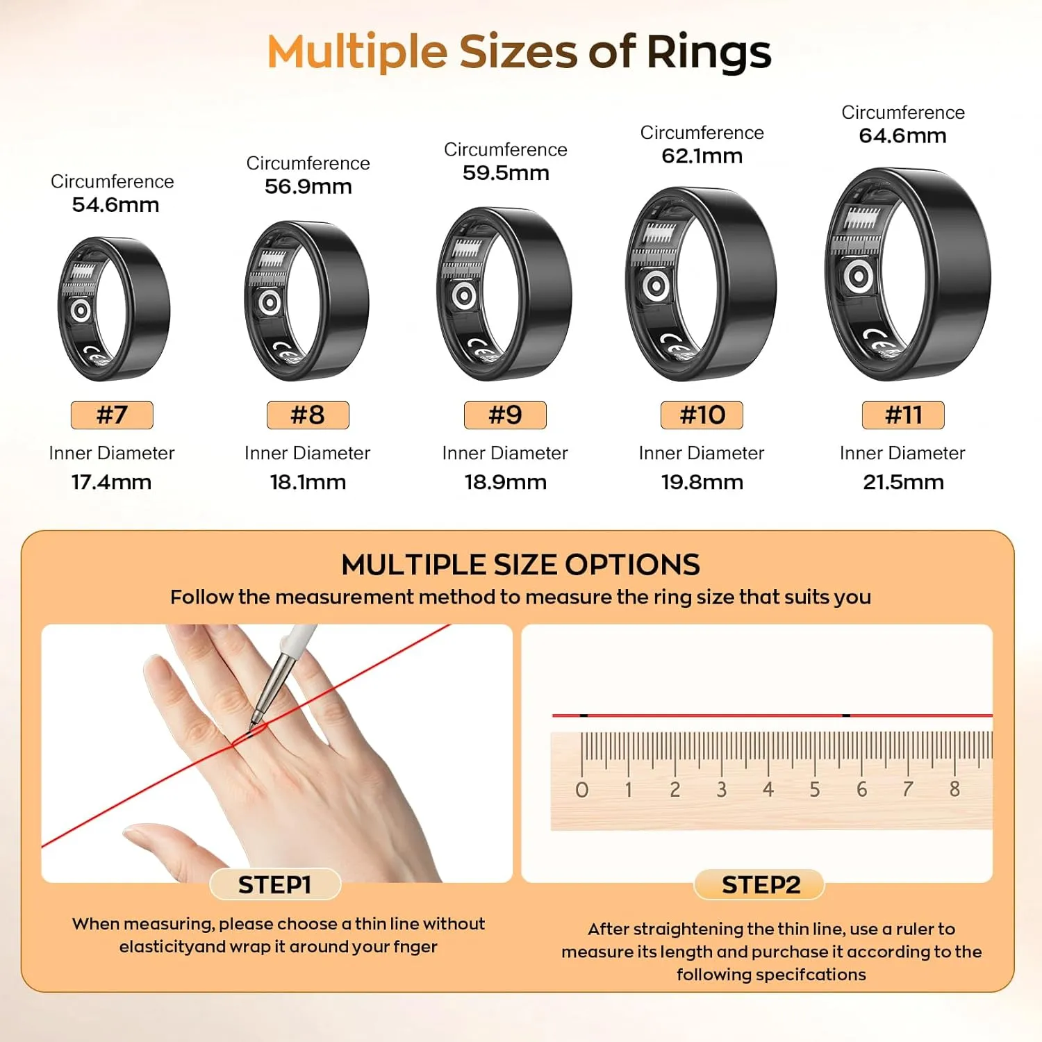 Smart Ring with Sleep Monitoring, Step Counting, Heart Rate, Blood Pressure for iPhone and Android, No Subscription Fee, IP68 Waterproof Health Tracker (Black, 7)