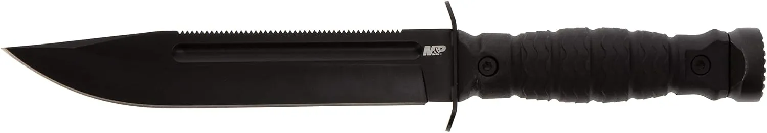 Smith & Wesson M&P Special Ops High Carbon S.S. Full Tang Fixed Blade Survival Knife with Clip Point, Rubberized Handle, Sawback and Pommel for Outdoor and Tactical , Black
