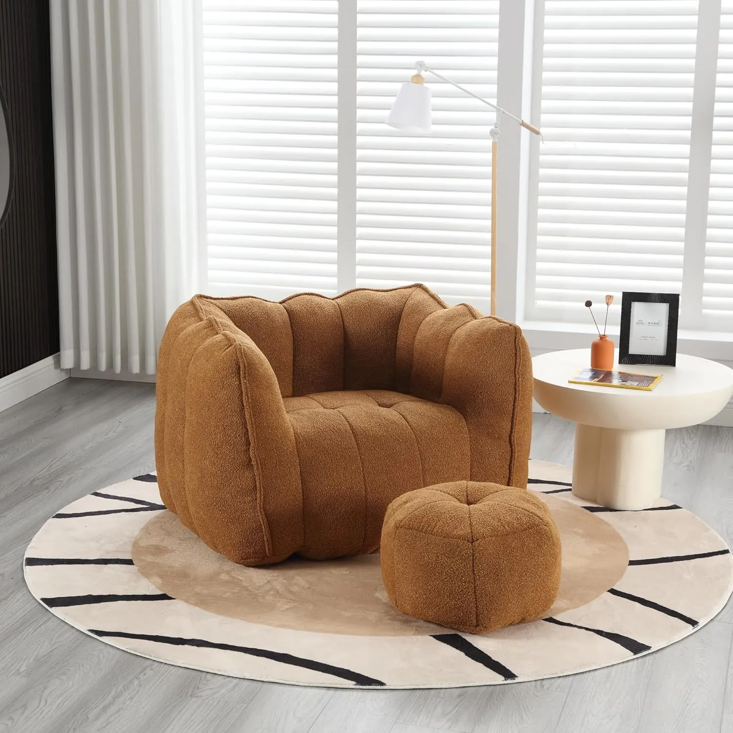 Soft Bean Bag Chair with High Resilient Foam Filling for Living Room and Bedroom, Comfortable Square Lazy Sofa with Footstool, Khaki and Yellow