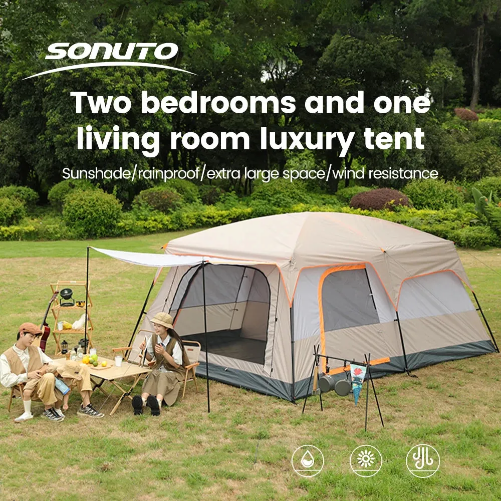 Sonuto Large Family Camping Tent Double Layer 2 Room 3-12 Person Capacity Rainproof Material
