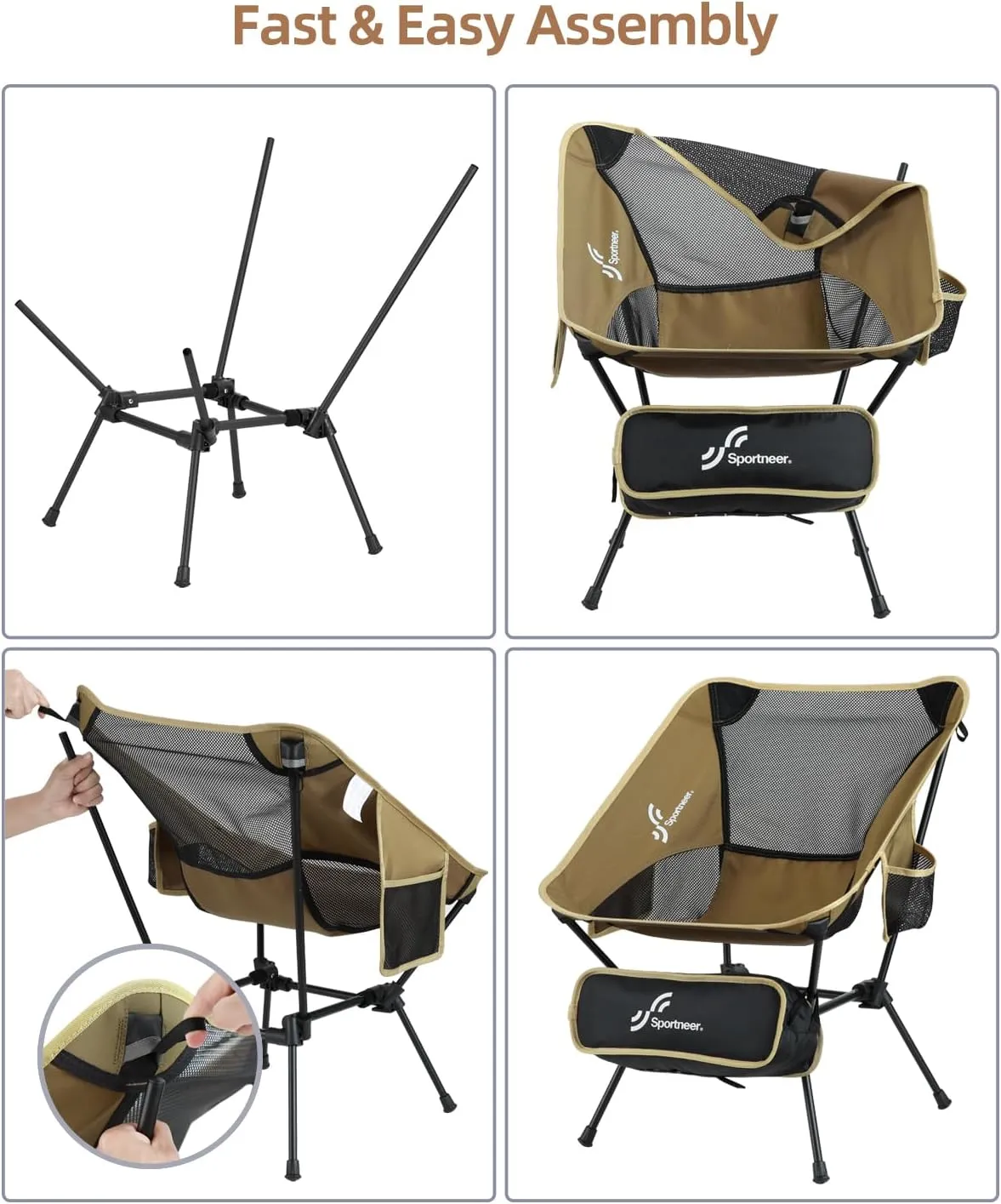 Sportneer Camping Chairs, Lightweight Outdoor Chairs with 2 Side Pockets & Storage Bag, Foldable & Portable Lawn Chairs for Camping Hiking Lawn Picnic Beach Outdoor Travel (1, Khaki)