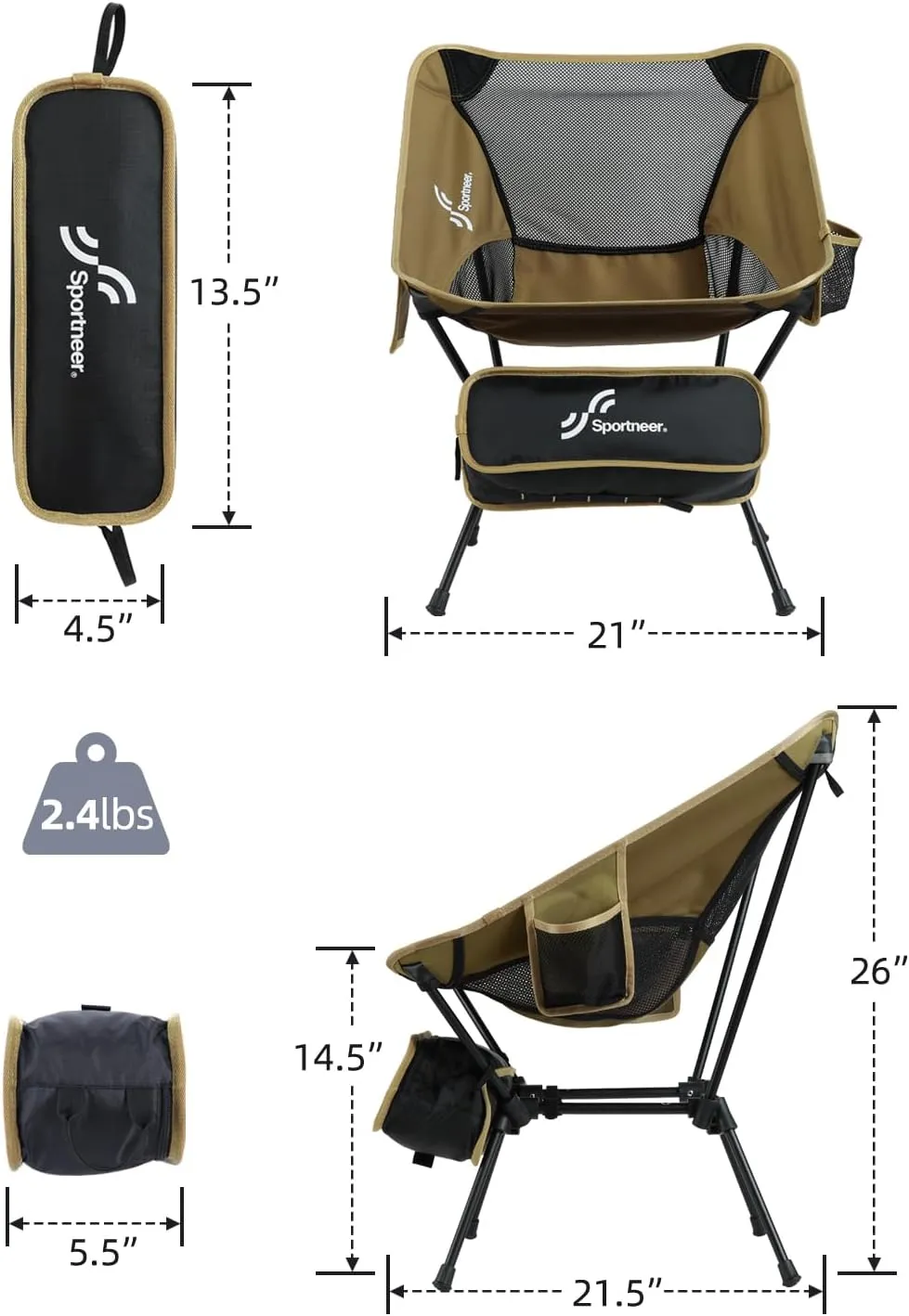 Sportneer Camping Chairs, Lightweight Outdoor Chairs with 2 Side Pockets & Storage Bag, Foldable & Portable Lawn Chairs for Camping Hiking Lawn Picnic Beach Outdoor Travel (1, Khaki)