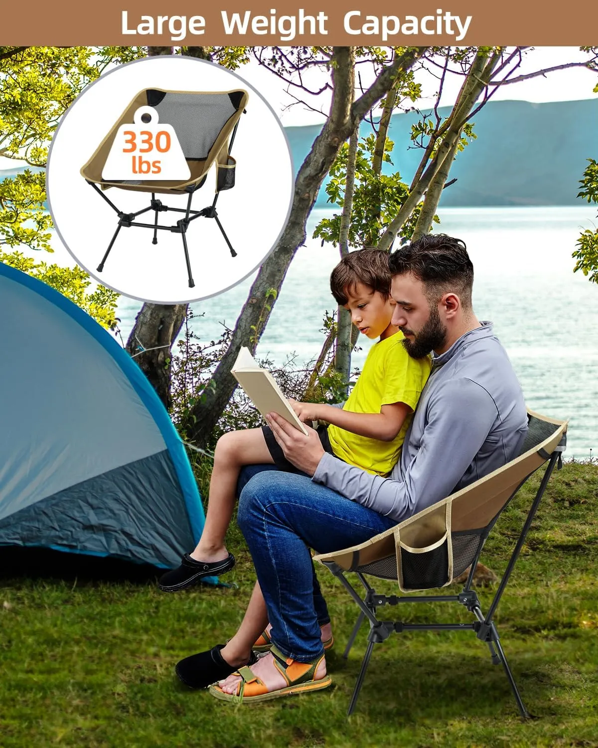 Sportneer Camping Chairs, Lightweight Outdoor Chairs with 2 Side Pockets & Storage Bag, Foldable & Portable Lawn Chairs for Camping Hiking Lawn Picnic Beach Outdoor Travel (1, Khaki)