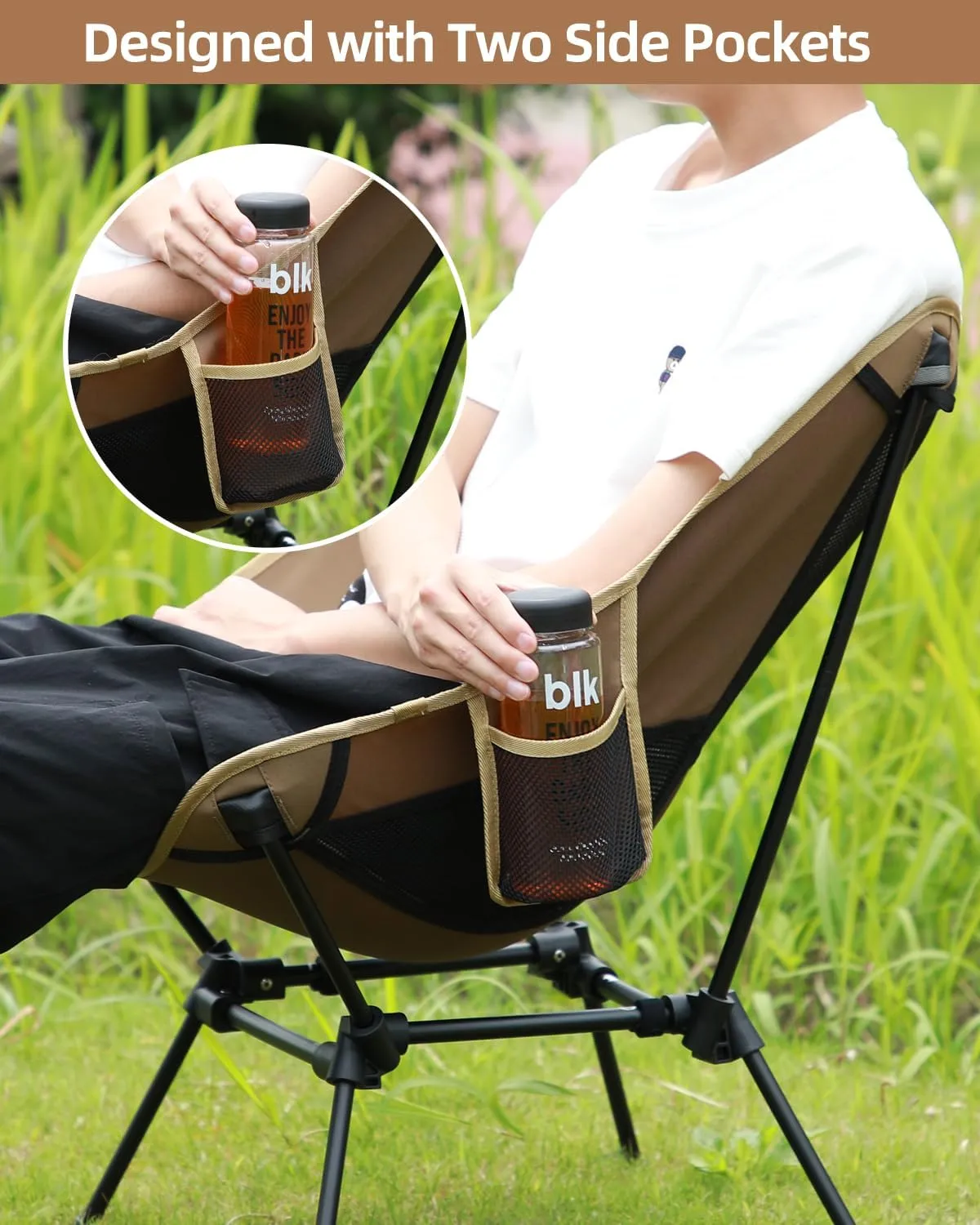 Sportneer Camping Chairs, Lightweight Outdoor Chairs with 2 Side Pockets & Storage Bag, Foldable & Portable Lawn Chairs for Camping Hiking Lawn Picnic Beach Outdoor Travel (1, Khaki)