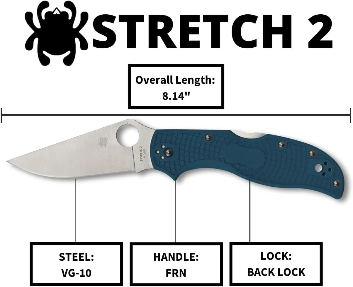 Spyderco Stretch 2 Blue FRN Straight Spine K390 3.48" Plain Edge Pocket Folding Knife (C90FP2K390)