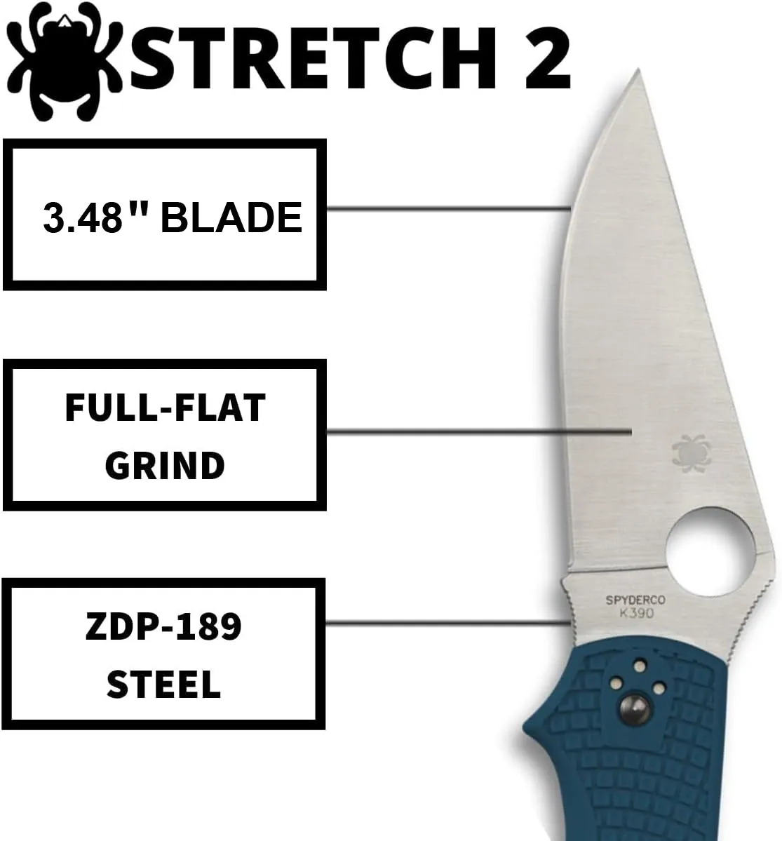 Spyderco Stretch 2 Blue FRN Straight Spine K390 3.48" Plain Edge Pocket Folding Knife (C90FP2K390)