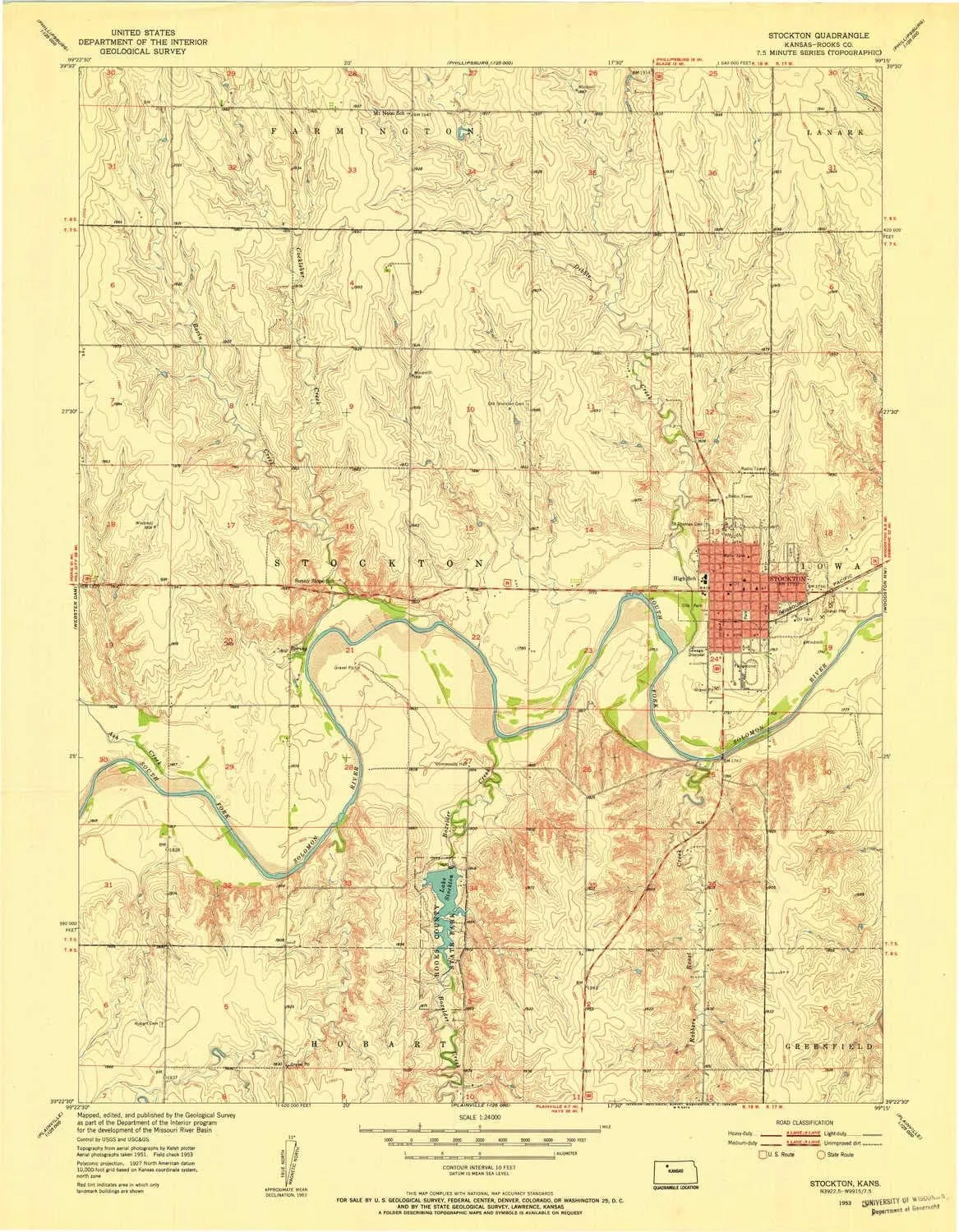 Stockton KS topo map, 1:24000 Scale, 7.5 X 7.5 Minute, Historical, 1953, Updated 1954, 27.07 x 21.06 in