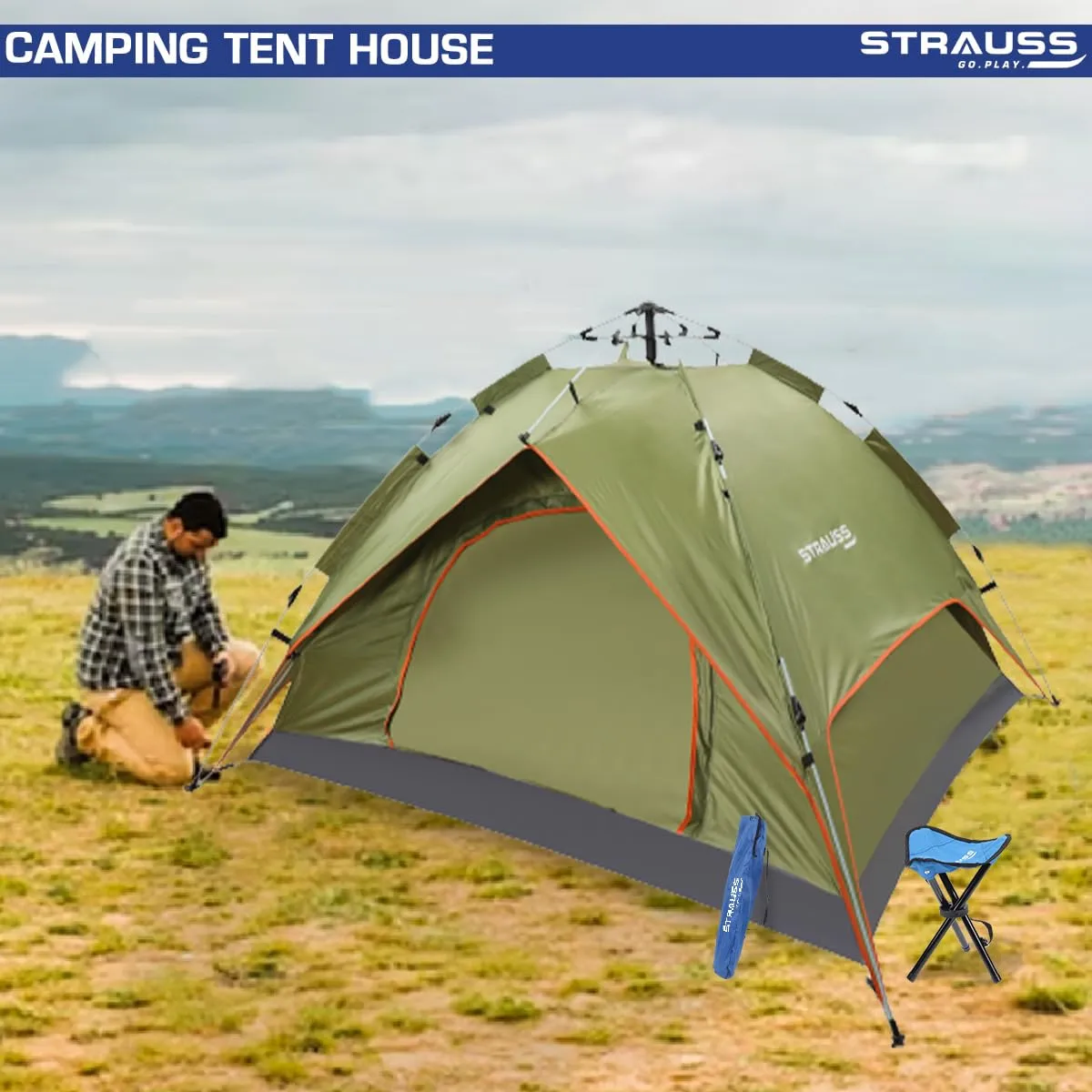 STRAUSS Automatic Portable Tent: Waterproof & Windproof | Fits 4 Persons | Green
