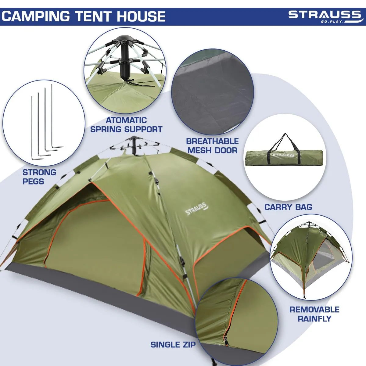 STRAUSS Automatic Portable Tent: Waterproof & Windproof | Fits 4 Persons | Green