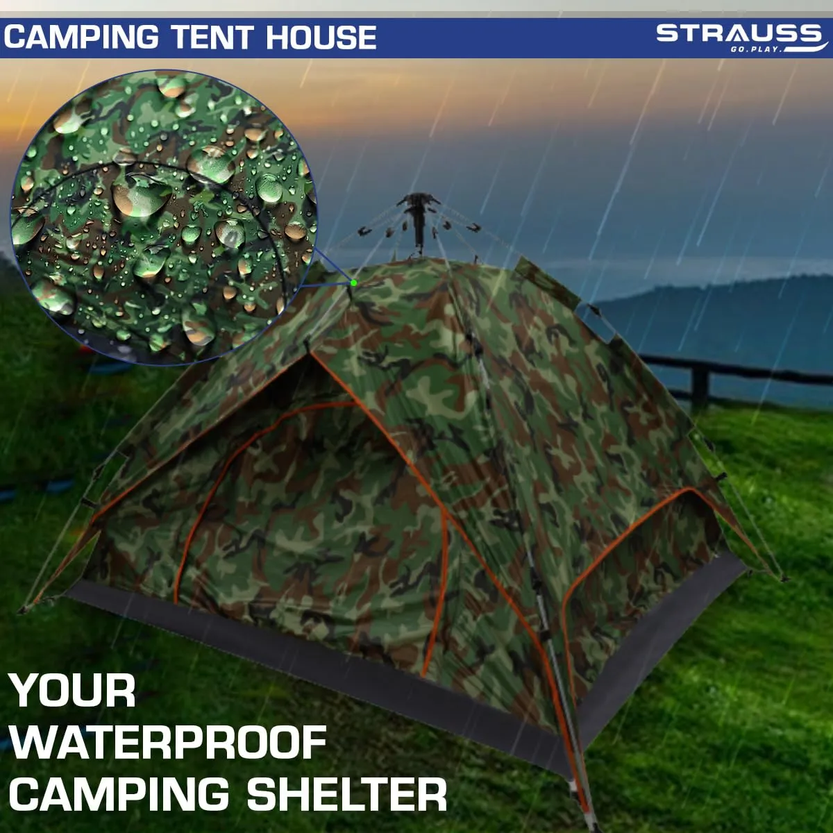 STRAUSS Portable Tent: Outdoor Shelter with Waterproof, Easy Setup | Ideal for 4 Persons | Military Color