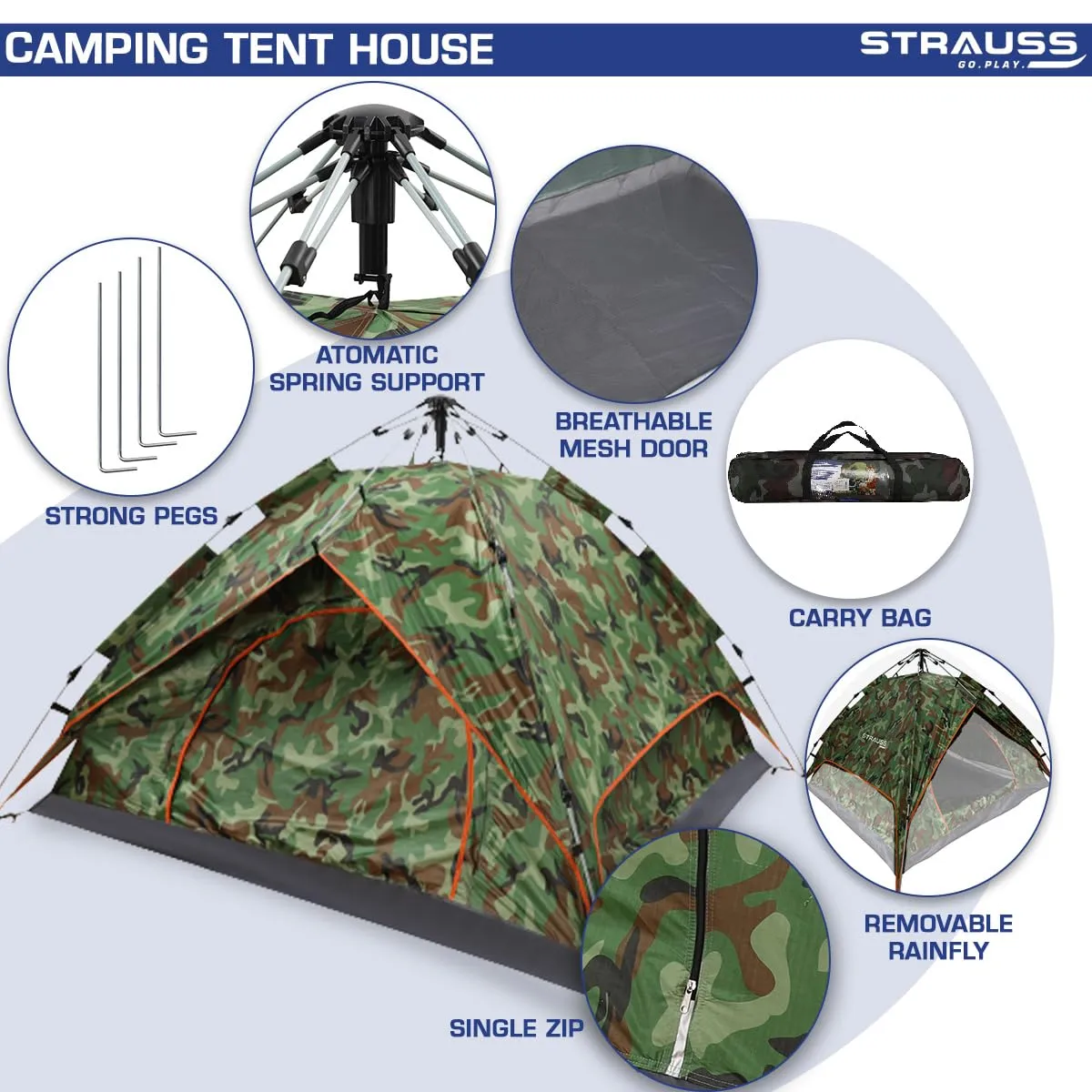 STRAUSS Portable Tent: Outdoor Shelter with Waterproof, Easy Setup | Ideal for 4 Persons | Military Color