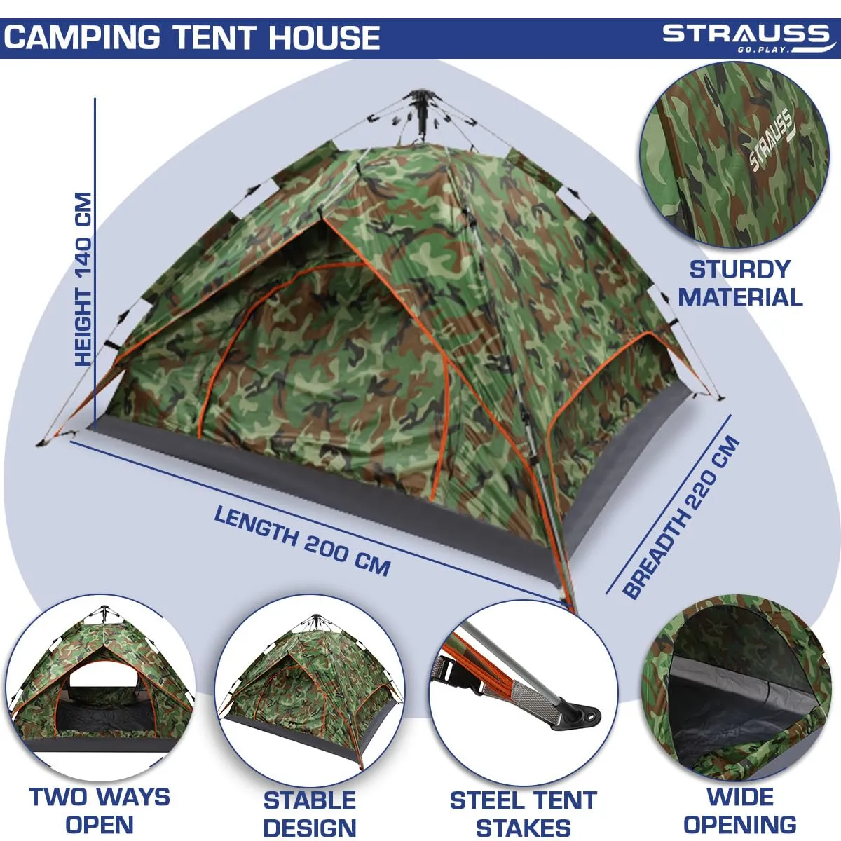 STRAUSS Portable Tent: Outdoor Shelter with Waterproof, Easy Setup | Ideal for 4 Persons | Military Color