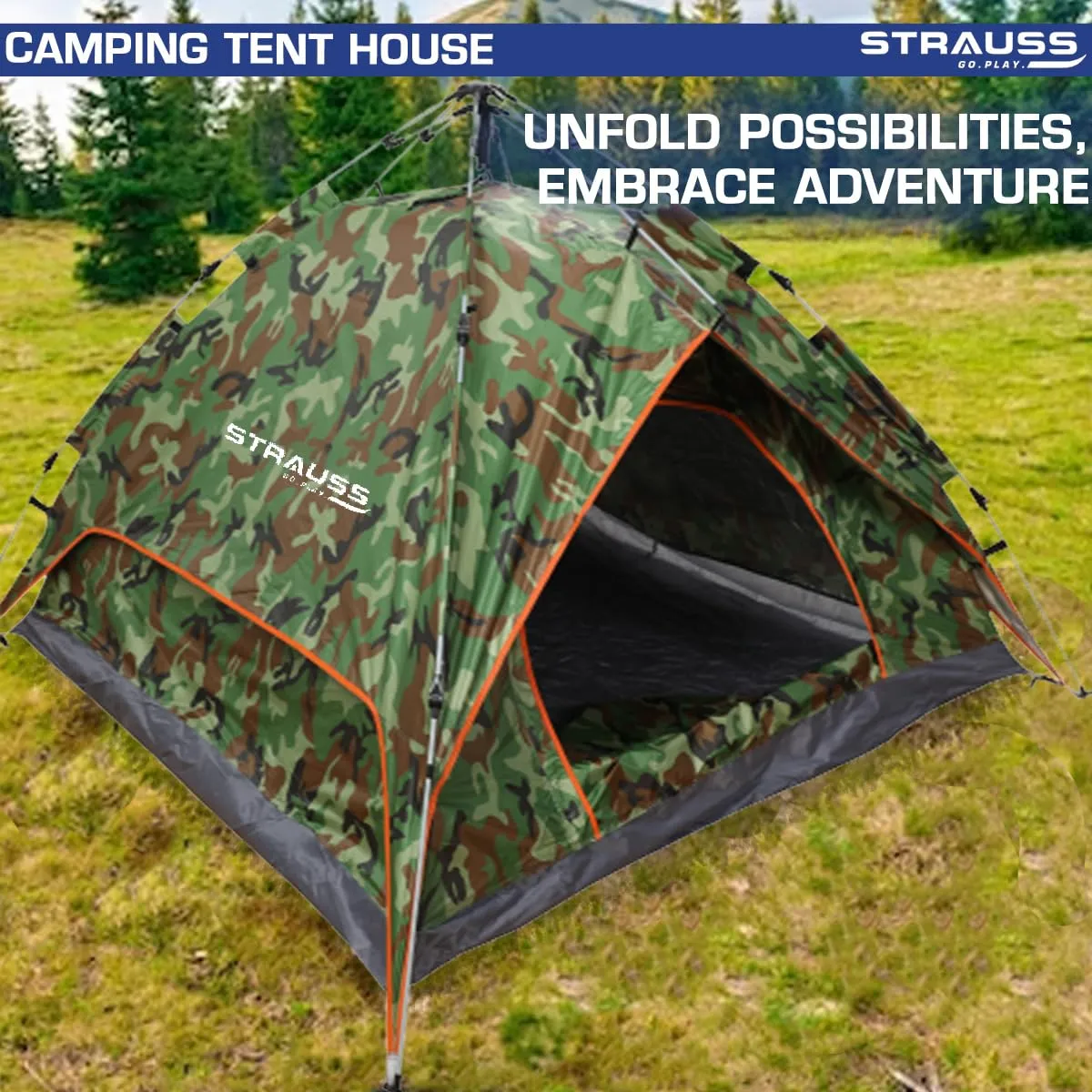 STRAUSS Portable Tent: Outdoor Shelter with Waterproof, Easy Setup | Ideal for 4 Persons | Military Color